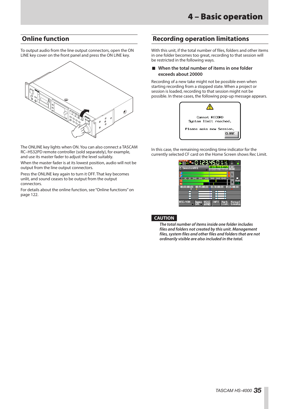 Online function, Recording operation limitations, Online function recording operation limitations | See “online, 4 – basic operation | Teac HS-4000 User Manual | Page 35 / 152