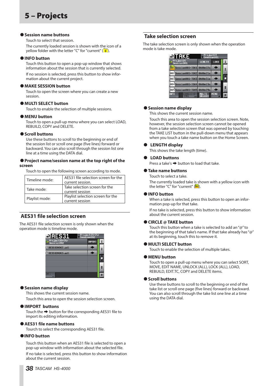 Aes31 file selection screen, Take selection screen, Aes31 file selection screen take selection screen | 5 – projects | Teac HS-4000 User Manual | Page 38 / 152