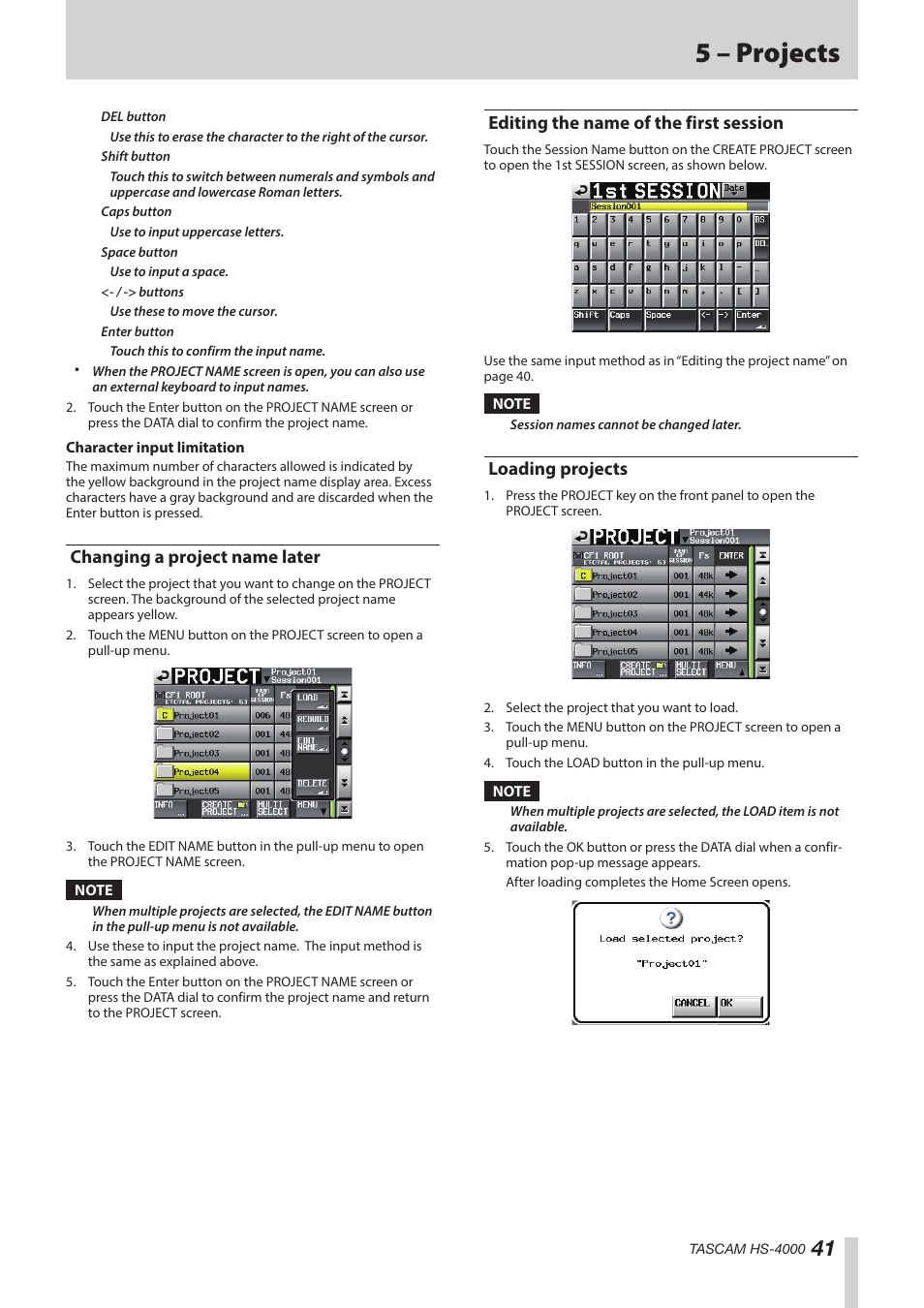 Changing a project name later, Editing the name of the first session, Loading projects | 5 – projects | Teac HS-4000 User Manual | Page 41 / 152