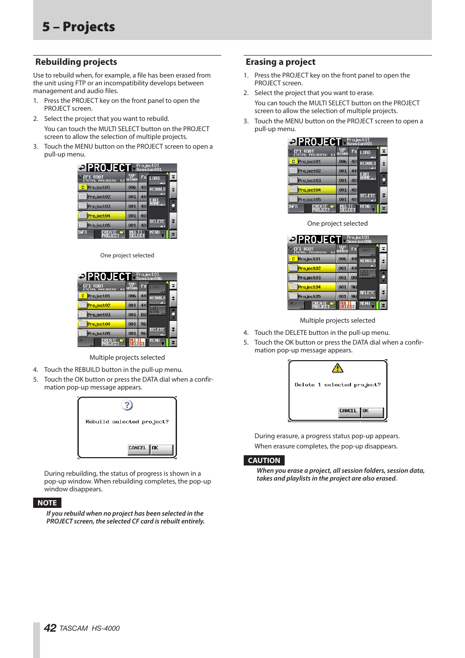 Rebuilding projects, Erasing a project, Rebuilding projects erasing a project | 5 – projects | Teac HS-4000 User Manual | Page 42 / 152