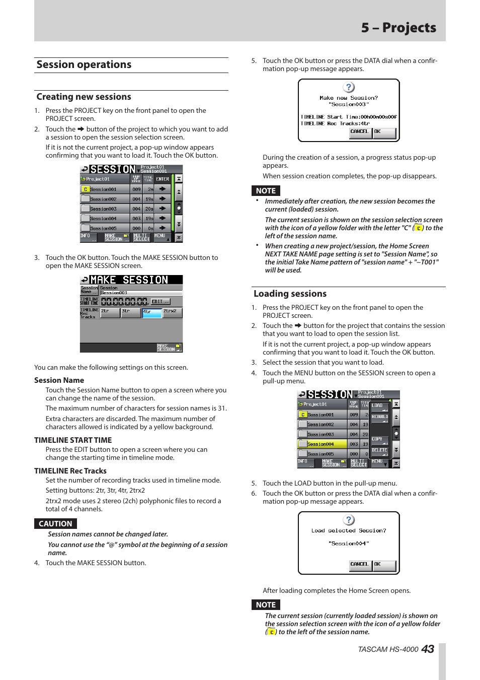 Session operations, Creating new sessions, Loading sessions | Creating new sessions loading sessions, 5 – projects | Teac HS-4000 User Manual | Page 43 / 152