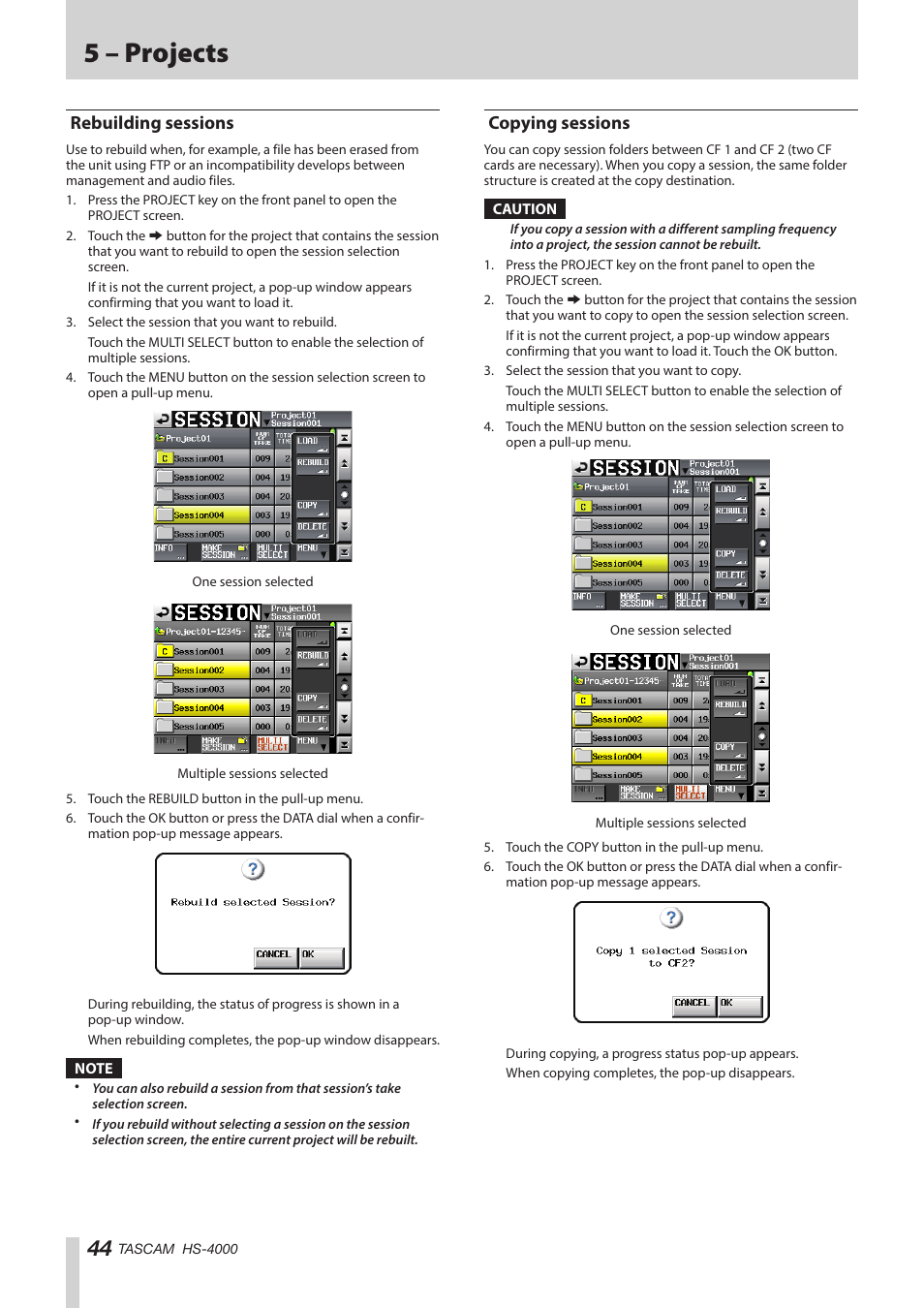 Rebuilding sessions, Copying sessions, Rebuilding sessions copying sessions | 5 – projects | Teac HS-4000 User Manual | Page 44 / 152