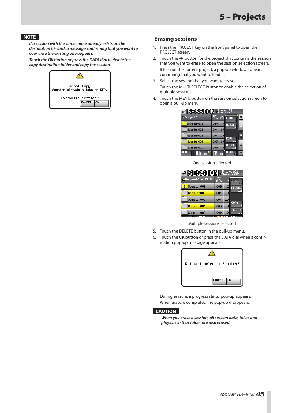Erasing sessions, 5 – projects | Teac HS-4000 User Manual | Page 45 / 152
