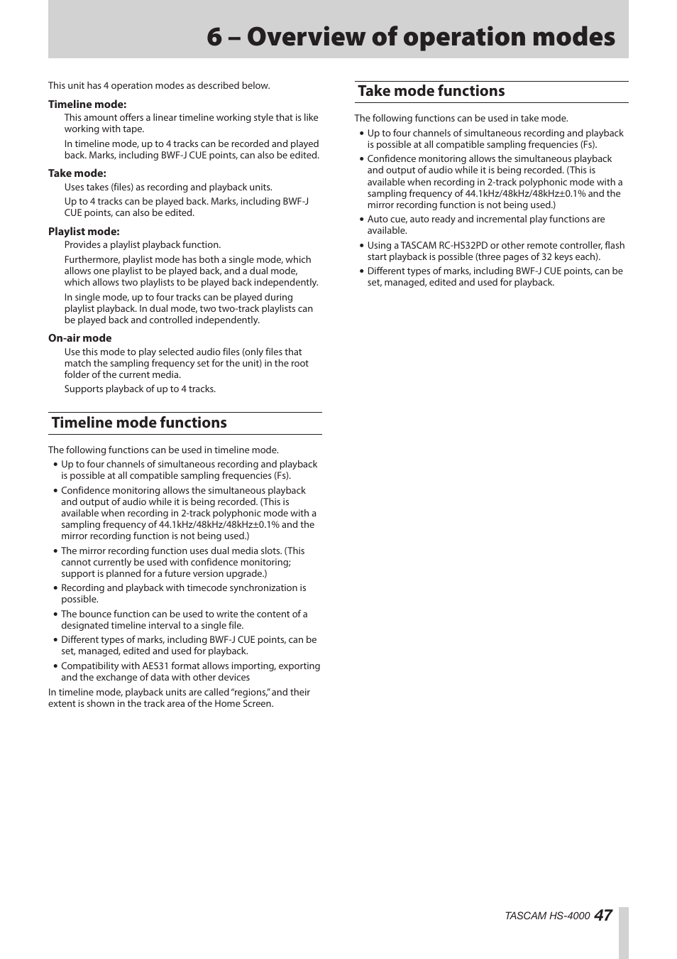 6 – overview of operation modes, Timeline mode functions, Take mode functions | Timeline mode functions take mode functions | Teac HS-4000 User Manual | Page 47 / 152