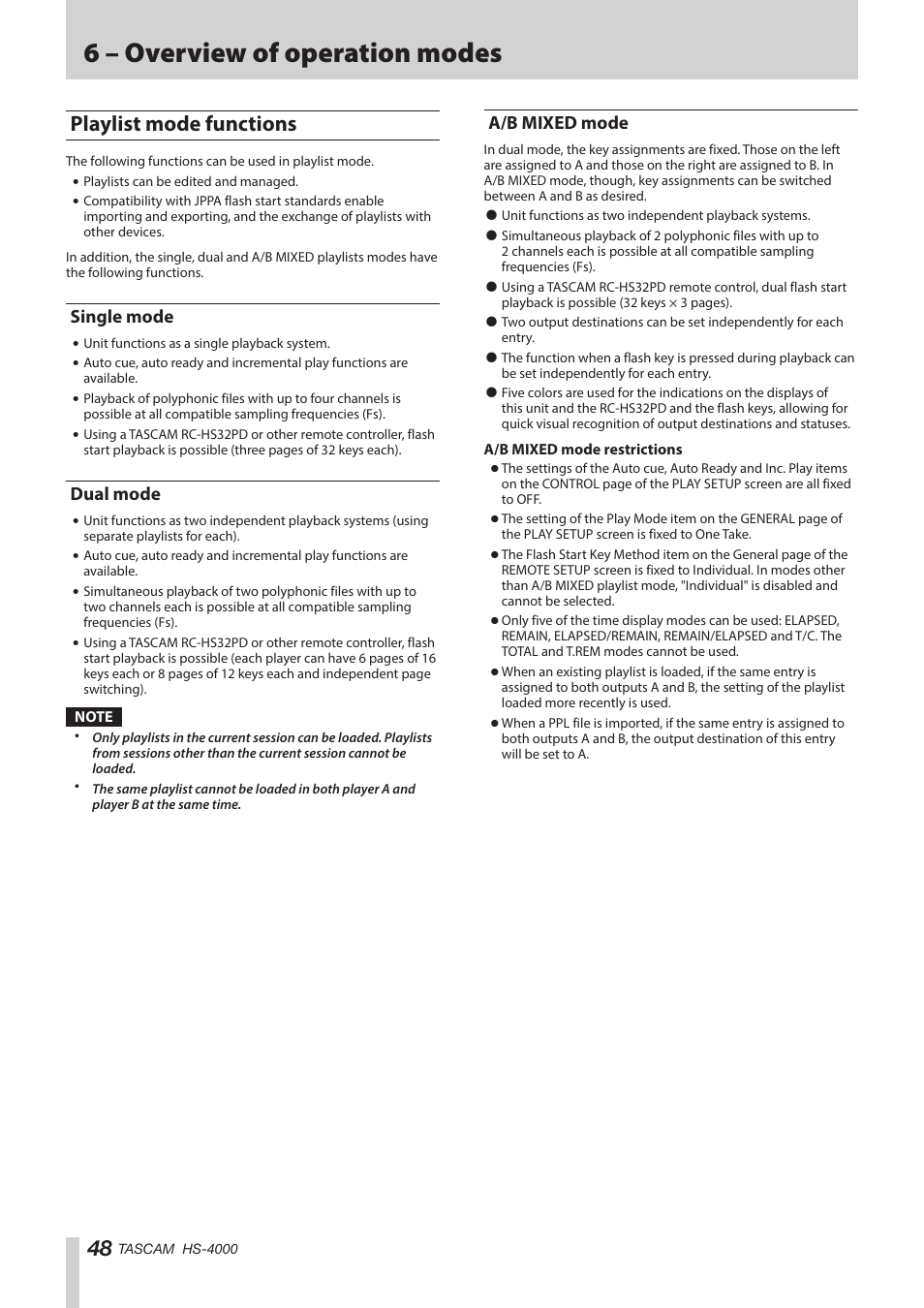 Playlist mode functions, Single mode, Dual mode | A/b mixed mode, Single mode dual mode a/b mixed mode, 6 – overview of operation modes | Teac HS-4000 User Manual | Page 48 / 152