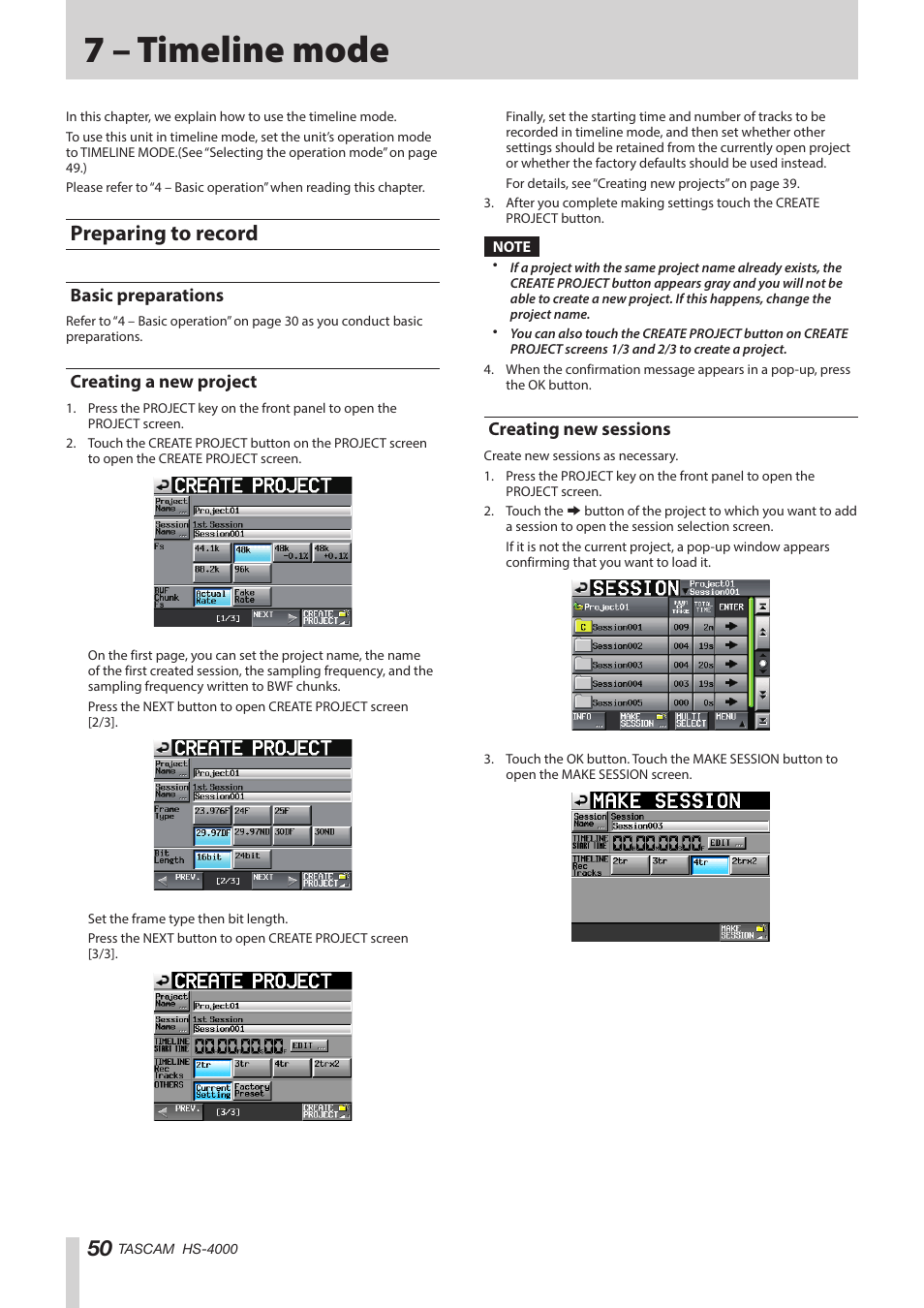 7 – timeline mode, Preparing to record, Basic preparations | Creating a new project, Creating new sessions | Teac HS-4000 User Manual | Page 50 / 152
