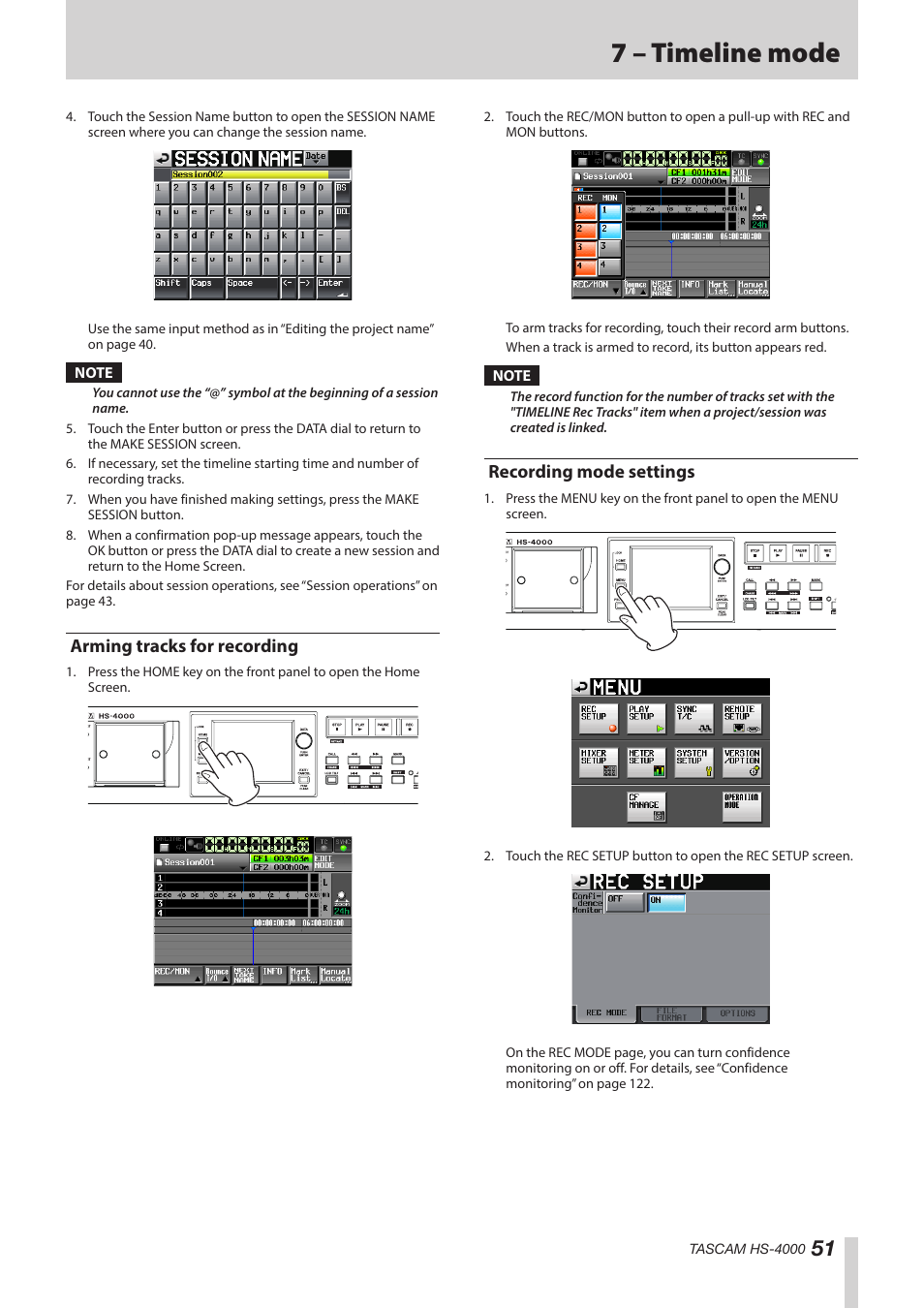 Arming tracks for recording, Recording mode settings, 7 – timeline mode | Teac HS-4000 User Manual | Page 51 / 152