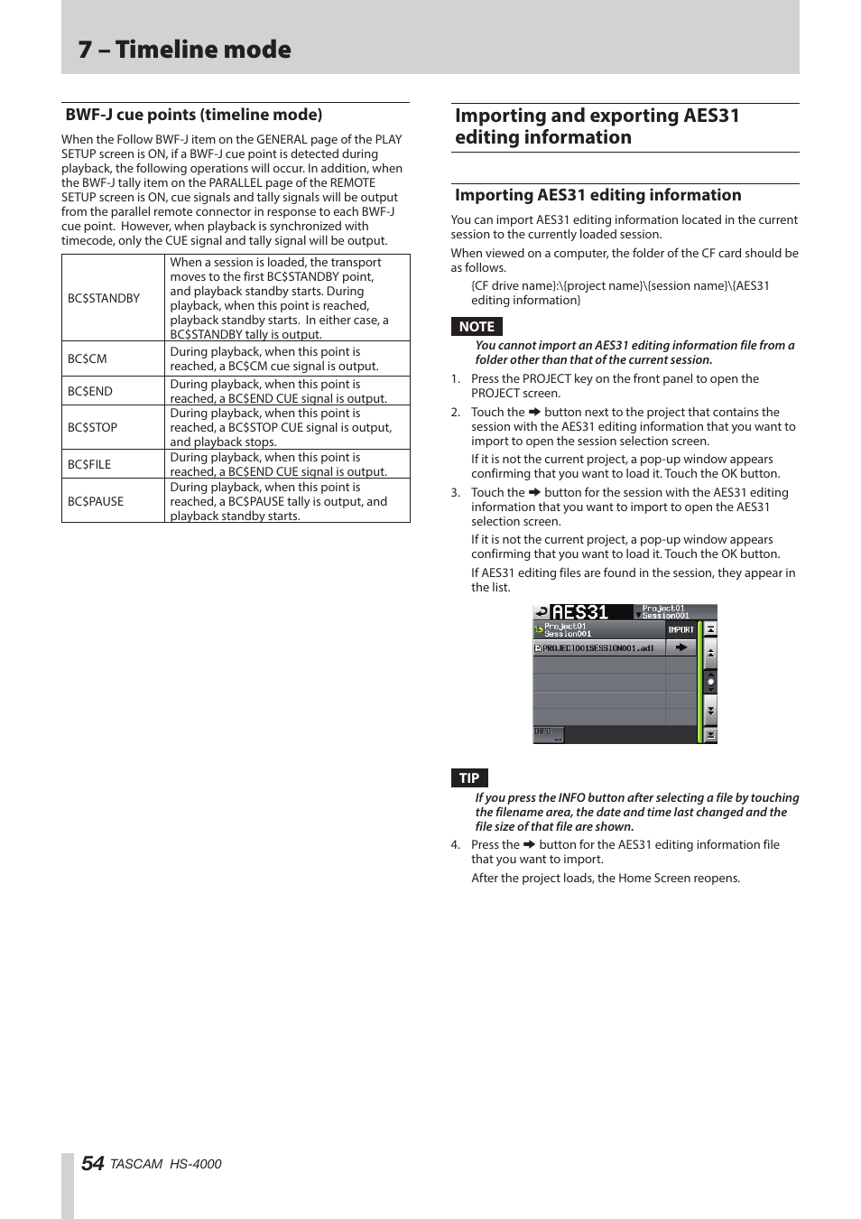 Bwf-j cue points (timeline mode), Importing and exporting aes31 editing information, Importing aes31 editing information | Importing and exporting aes31 editing, Information, 7 – timeline mode | Teac HS-4000 User Manual | Page 54 / 152