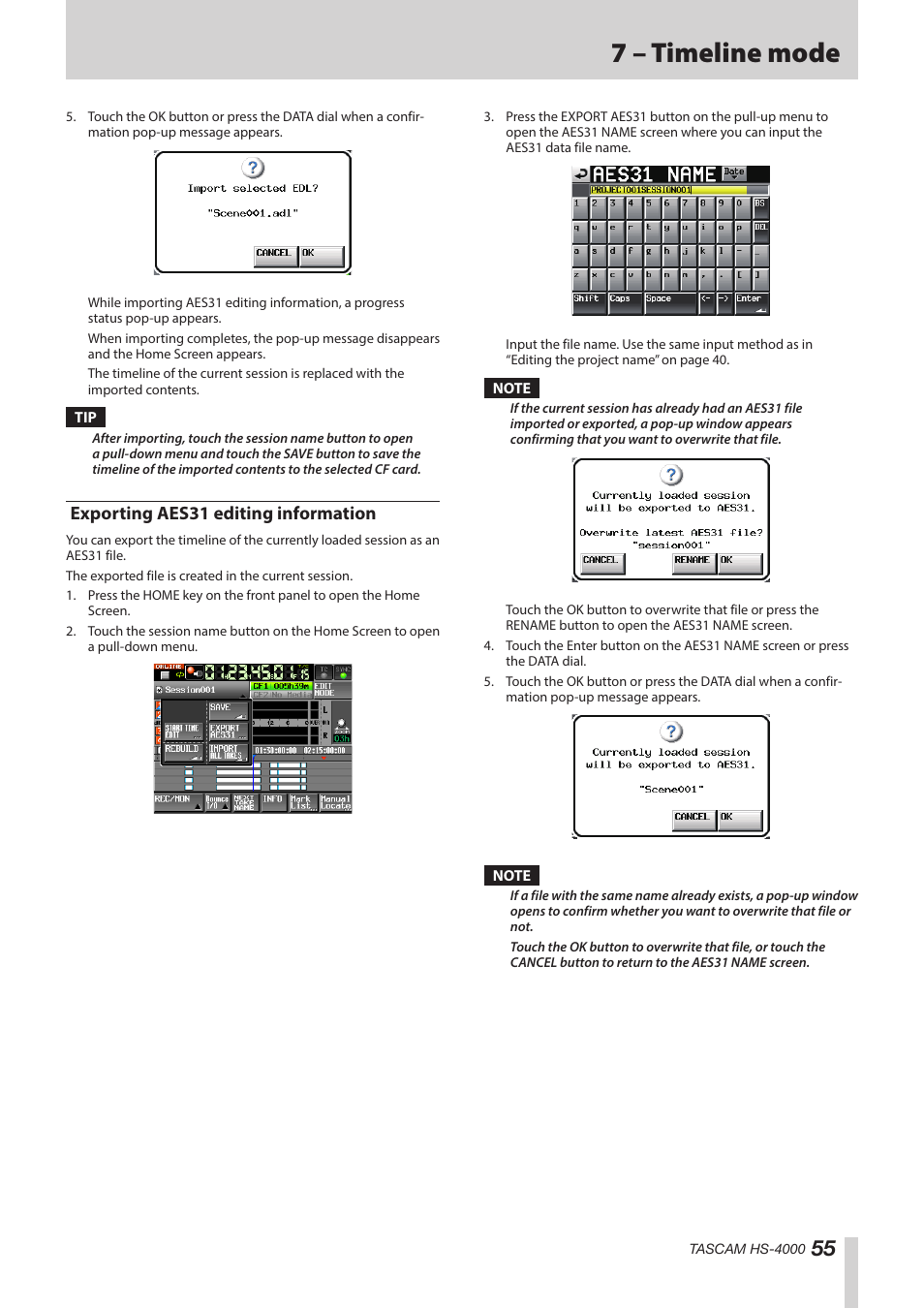 Exporting aes31 editing information, See “exporting aes31, 7 – timeline mode | Teac HS-4000 User Manual | Page 55 / 152