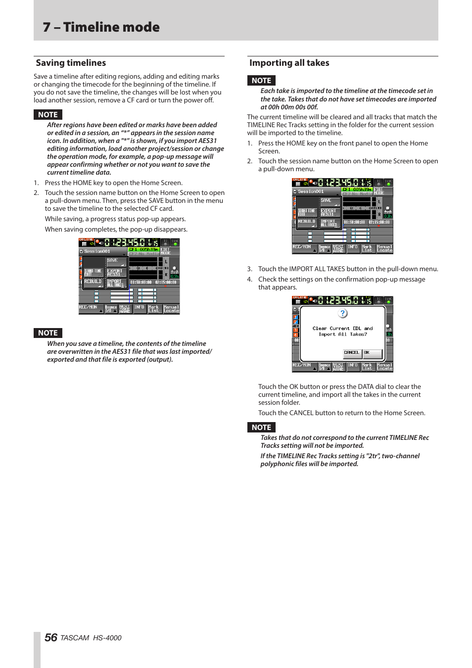 Saving timelines, Importing all takes, Saving timelines importing all takes | See “saving, See “importing all, 7 – timeline mode | Teac HS-4000 User Manual | Page 56 / 152