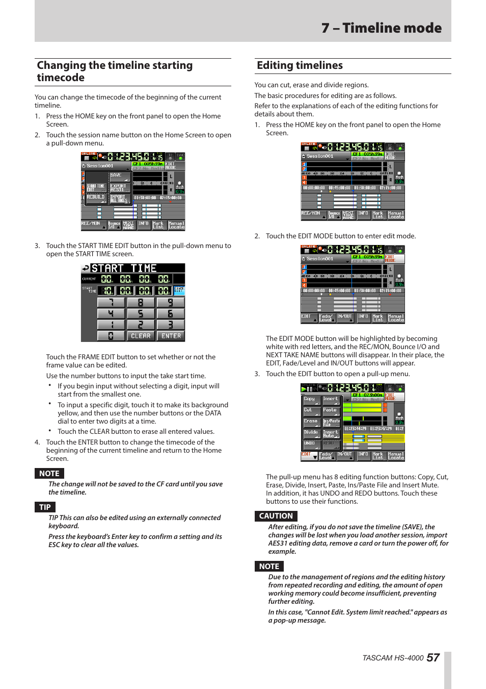Changing the timeline starting timecode, Editing timelines, See “editing | 7 – timeline mode | Teac HS-4000 User Manual | Page 57 / 152