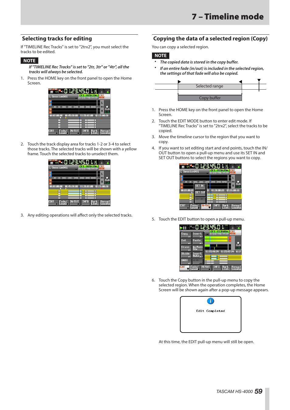 Selecting tracks for editing, Copying the data of a selected region (copy), 7 – timeline mode | Teac HS-4000 User Manual | Page 59 / 152