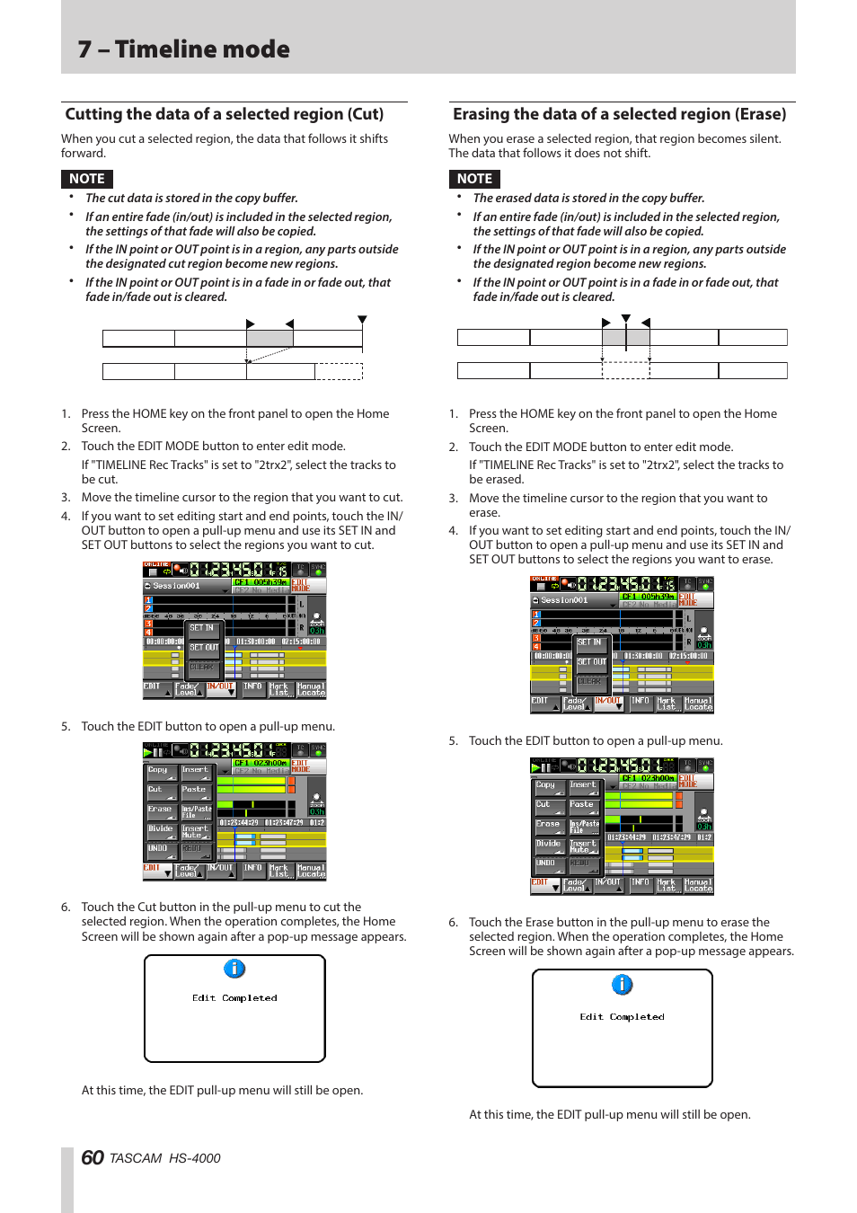 Cutting the data of a selected region (cut), Erasing the data of a selected region (erase), 7 – timeline mode | Teac HS-4000 User Manual | Page 60 / 152