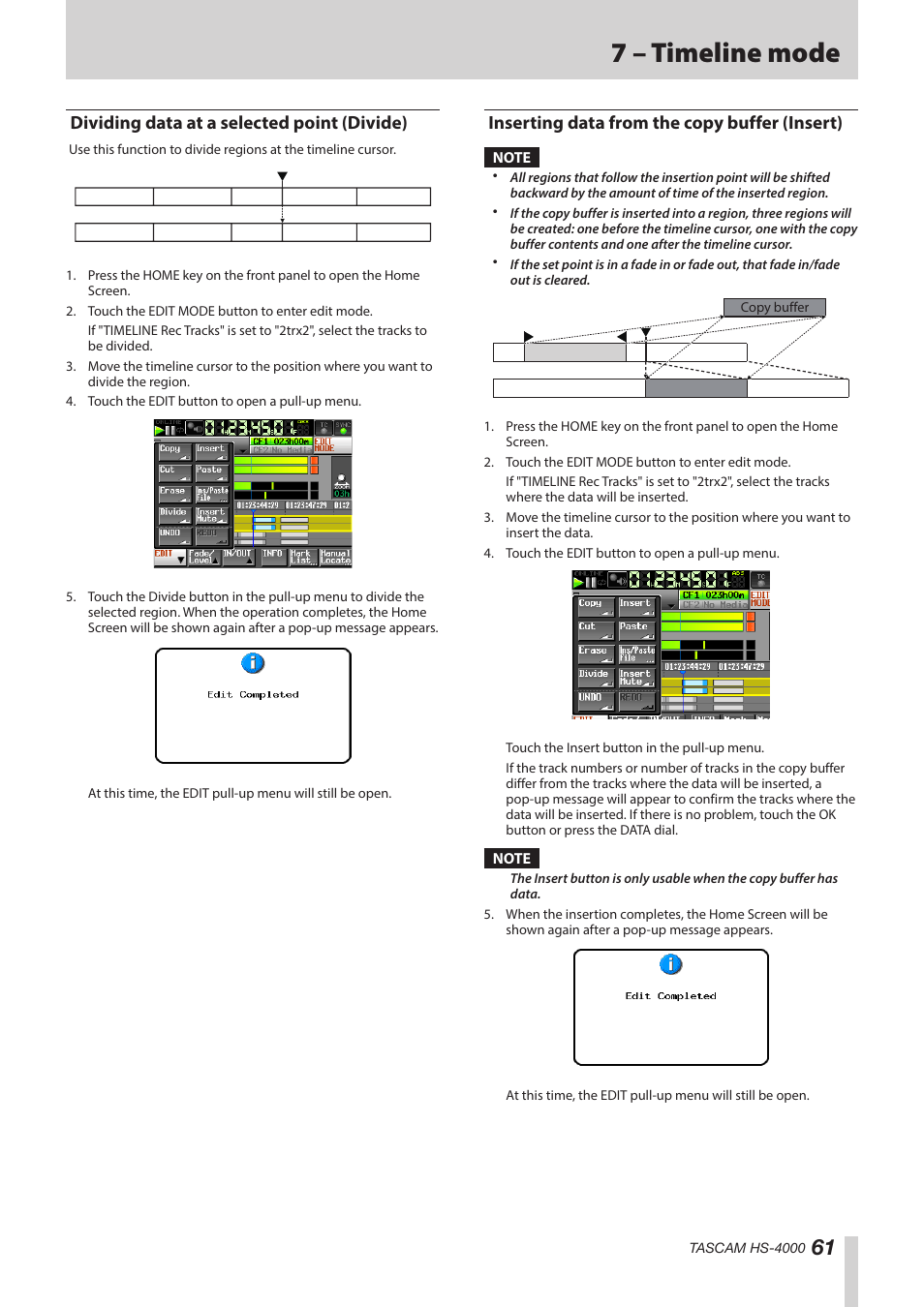 Dividing data at a selected point (divide), Inserting data from the copy buffer (insert), 7 – timeline mode | Teac HS-4000 User Manual | Page 61 / 152