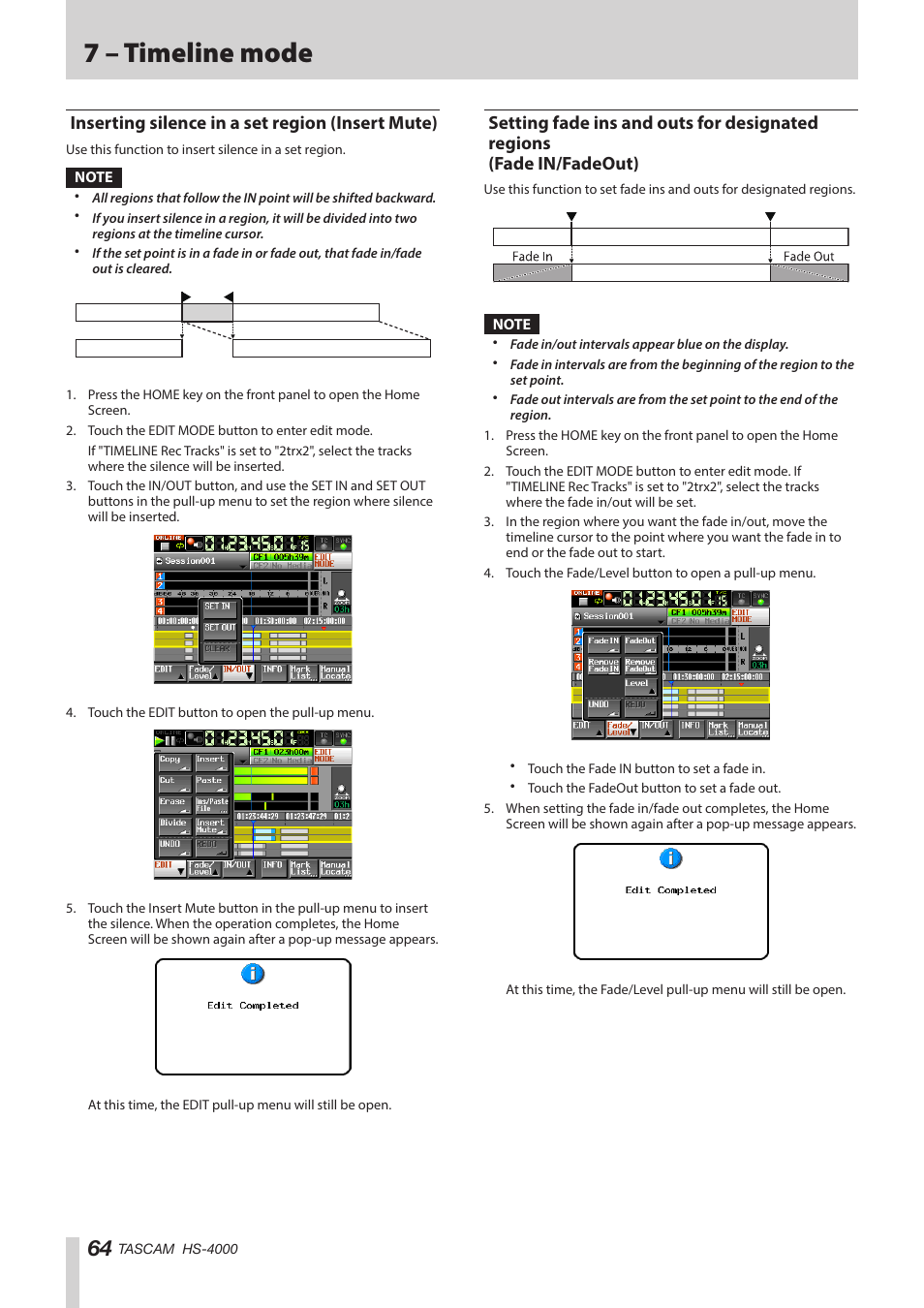 Inserting silence in a set region (insert mute), Regions, Fade in/fadeout) | 7 – timeline mode | Teac HS-4000 User Manual | Page 64 / 152