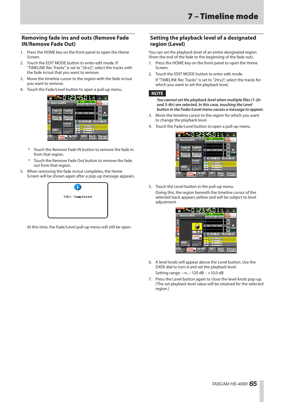 Removing fade ins and outs, Region (level), 7 – timeline mode | Teac HS-4000 User Manual | Page 65 / 152