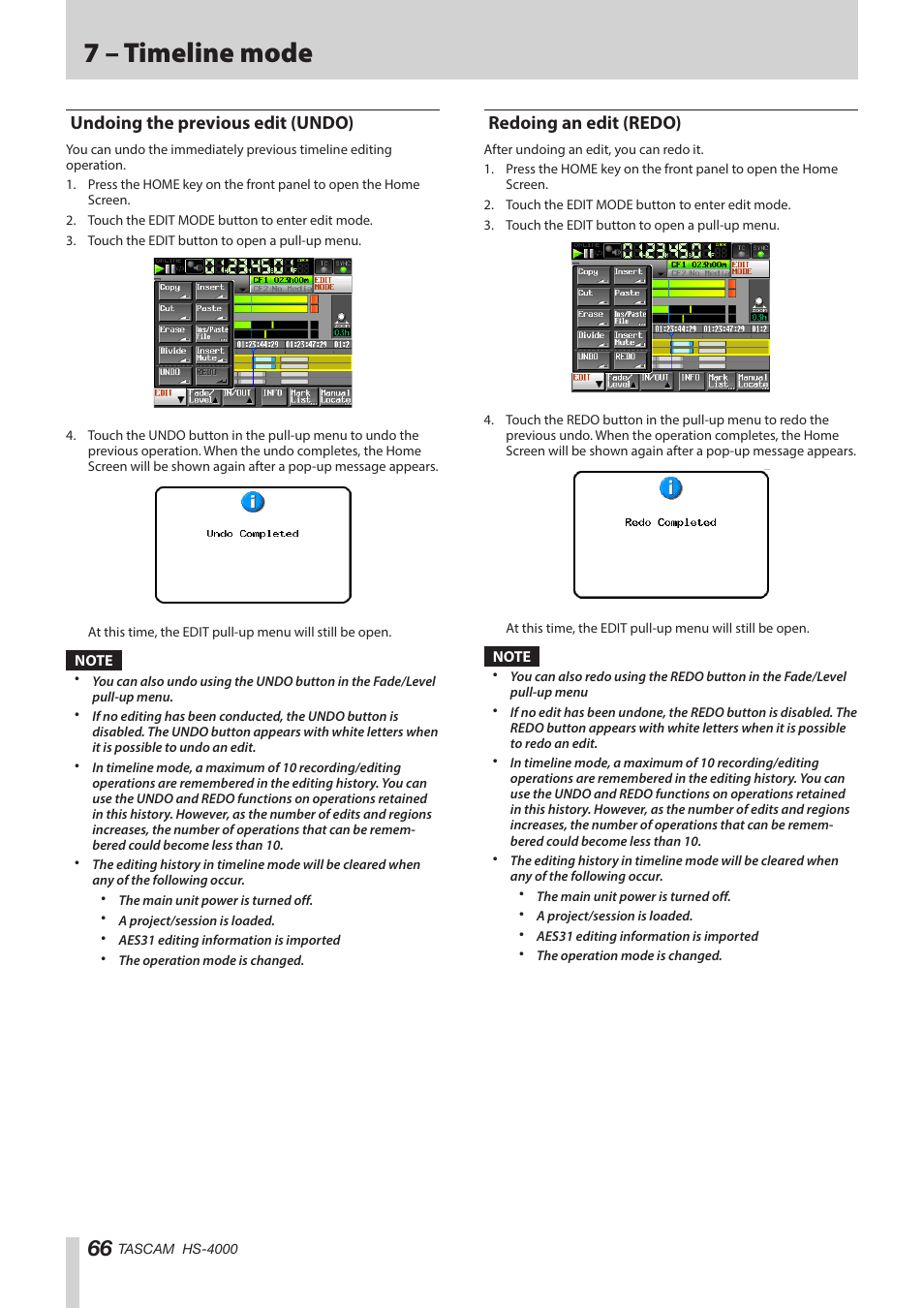 Undoing the previous edit (undo), Redoing an edit (redo), 7 – timeline mode | Teac HS-4000 User Manual | Page 66 / 152