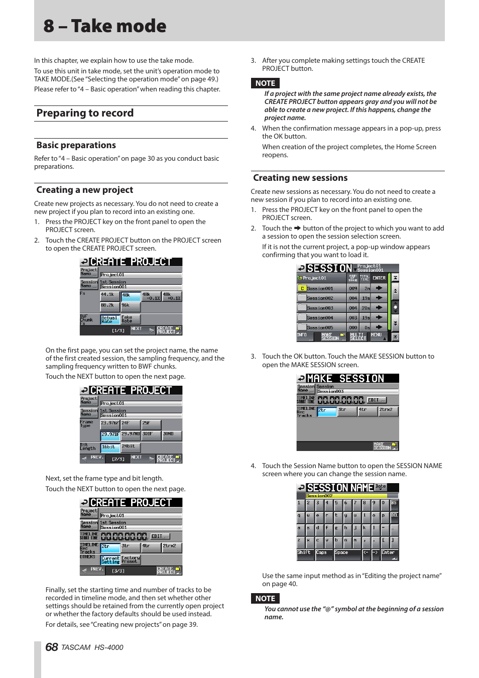 8 – take mode, Preparing to record, Basic preparations | Creating a new project, Creating new sessions, Creating a new project creating new sessions | Teac HS-4000 User Manual | Page 68 / 152