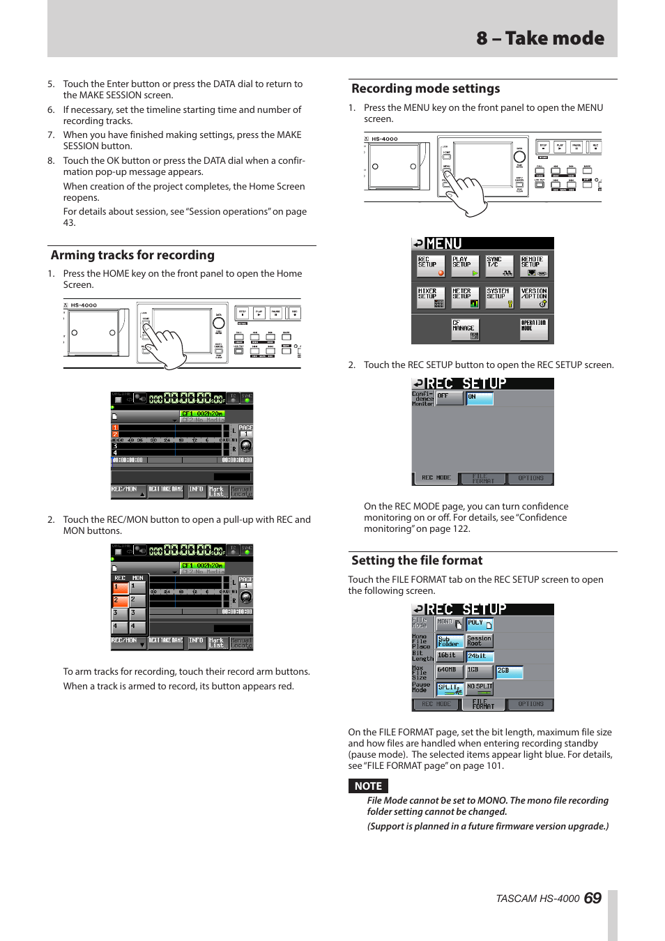 Arming tracks for recording, Recording mode settings, Setting the file format | 8 – take mode | Teac HS-4000 User Manual | Page 69 / 152