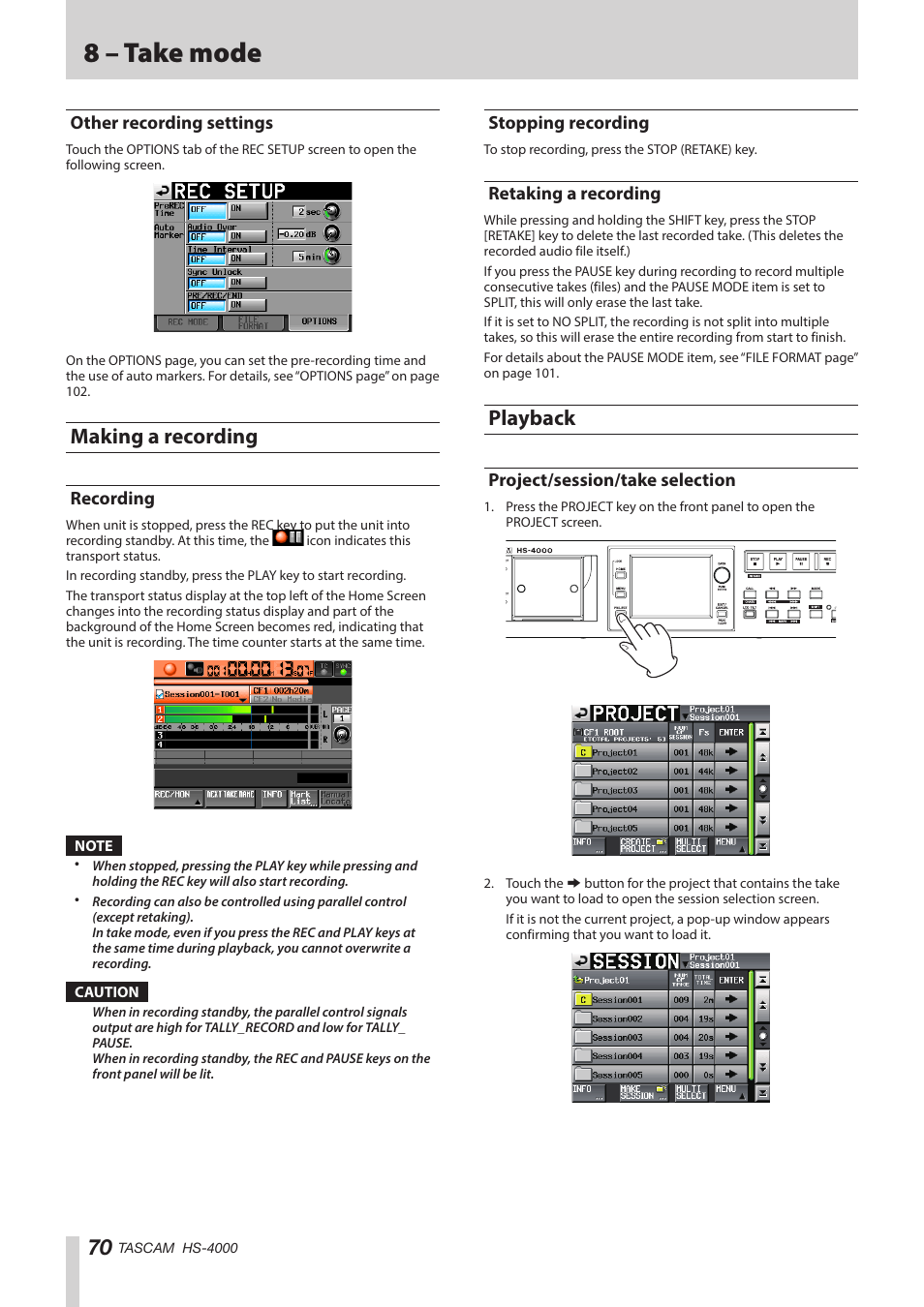 Other recording settings, Making a recording, Recording | Stopping recording, Retaking a recording, Playback, Project/session/take selection, Recording stopping recording retaking a recording, 8 – take mode | Teac HS-4000 User Manual | Page 70 / 152