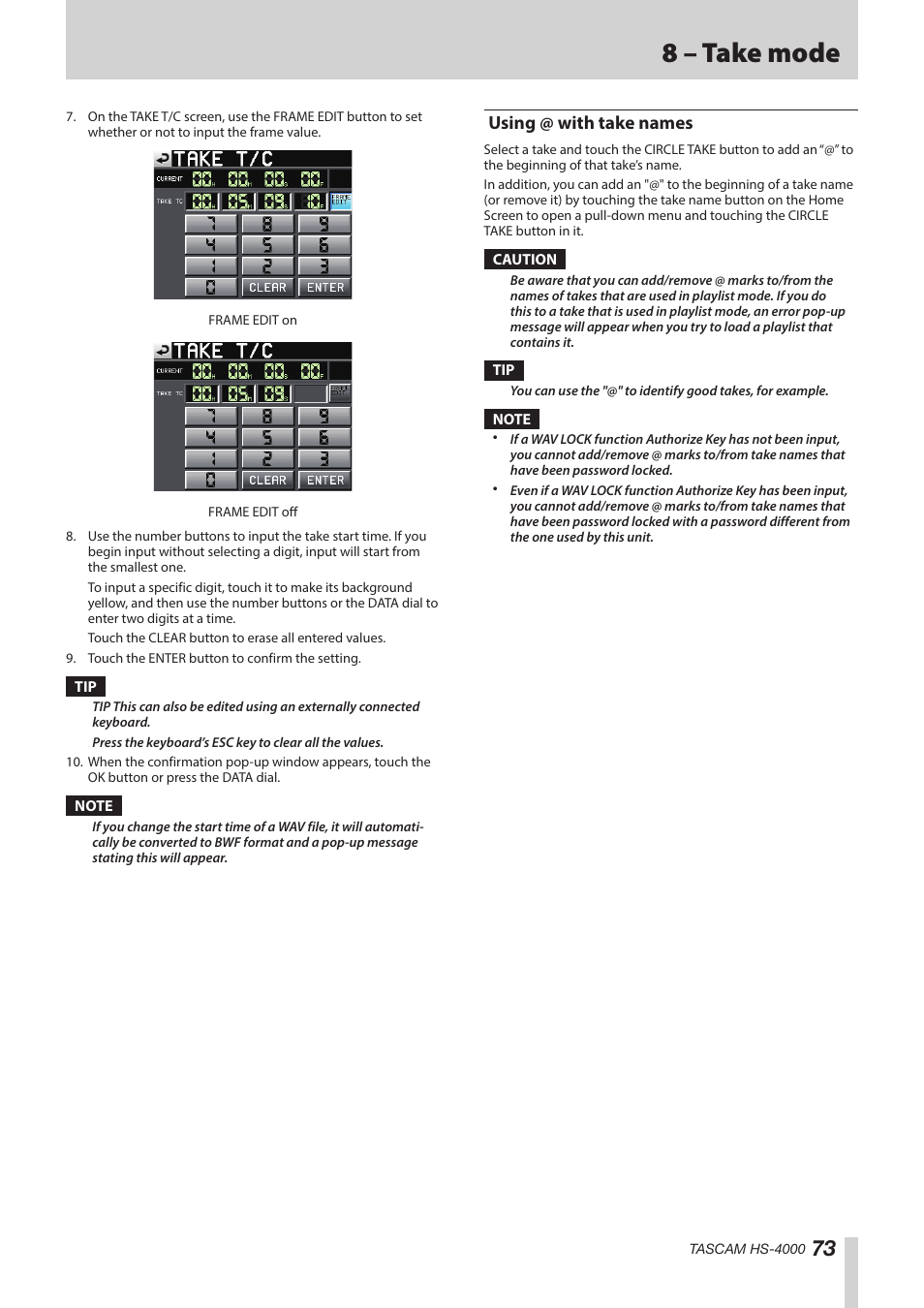 Using @ with take names, 8 – take mode | Teac HS-4000 User Manual | Page 73 / 152