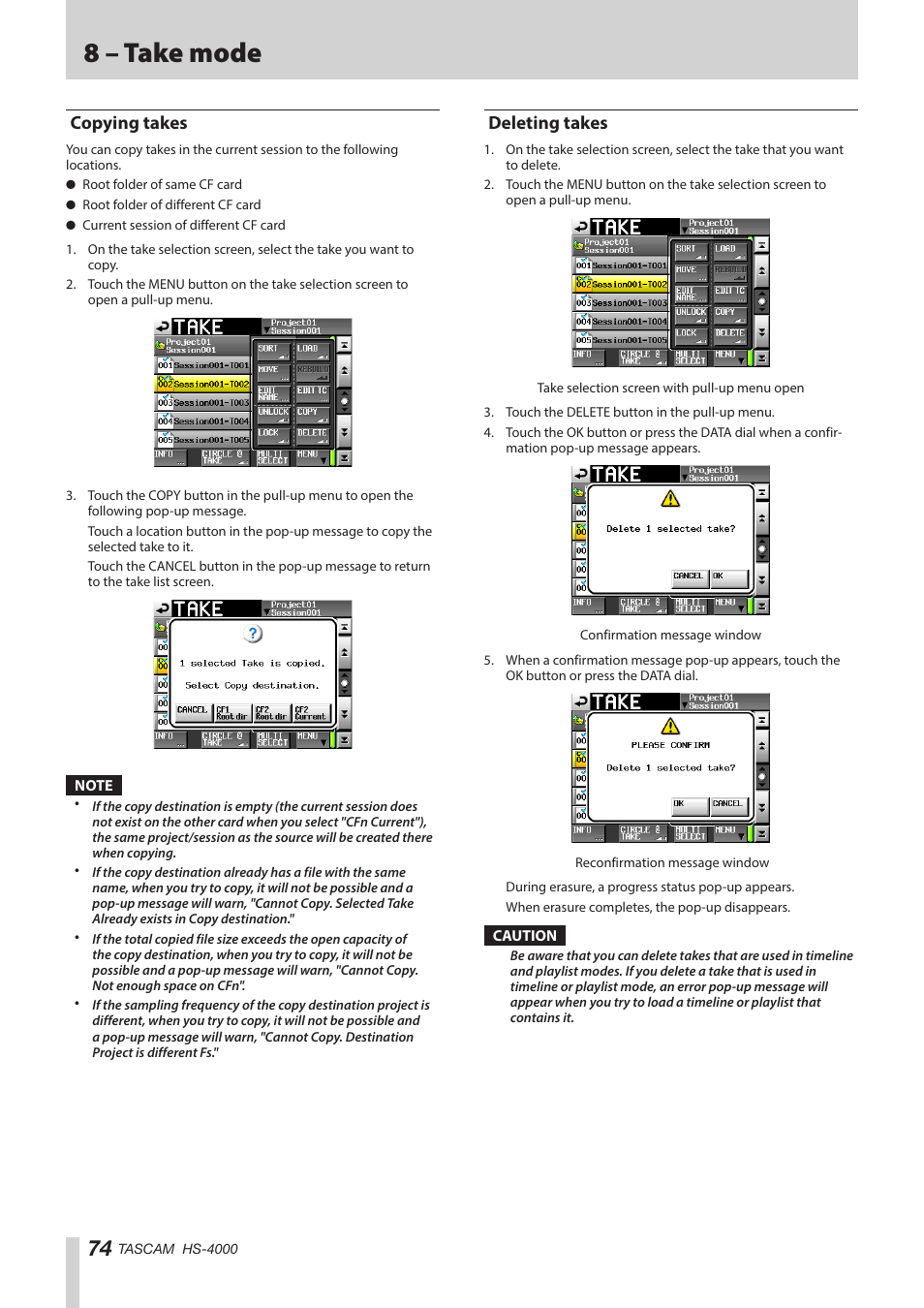 Copying takes, Deleting takes, Copying takes deleting takes | 8 – take mode | Teac HS-4000 User Manual | Page 74 / 152