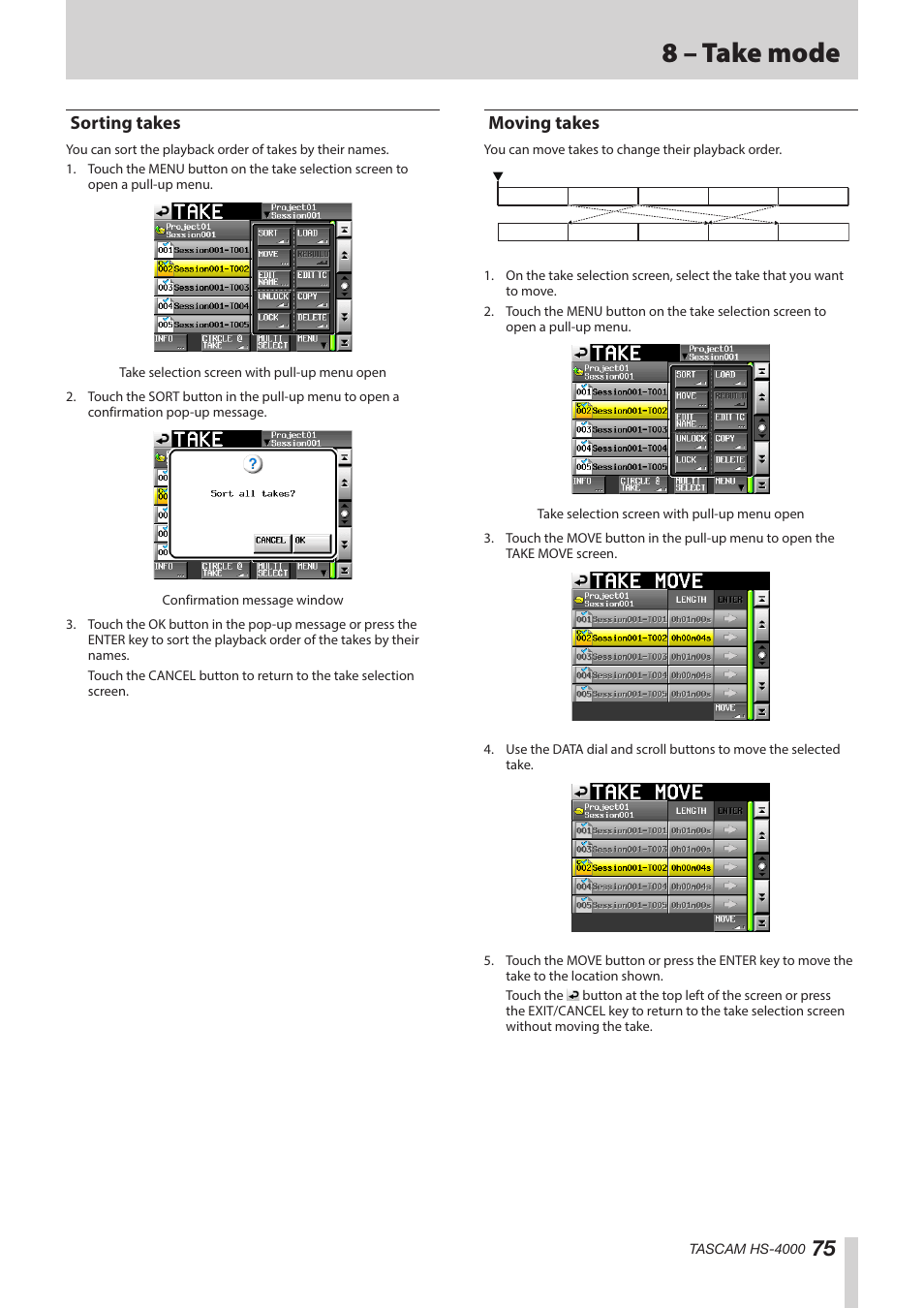 Sorting takes, Moving takes, Sorting takes moving takes | 8 – take mode | Teac HS-4000 User Manual | Page 75 / 152