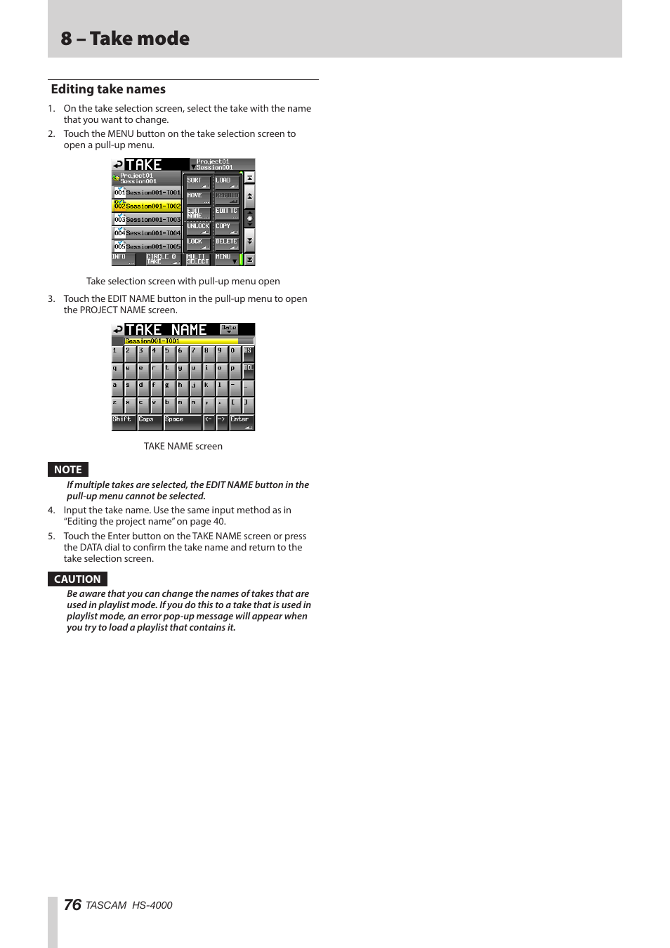 Editing take names, 8 – take mode | Teac HS-4000 User Manual | Page 76 / 152