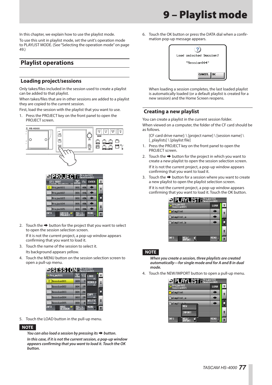 9 – playlist mode, Playlist operations, Loading project/sessions | Creating a new playlist, Loading project/sessions creating a new playlist | Teac HS-4000 User Manual | Page 77 / 152