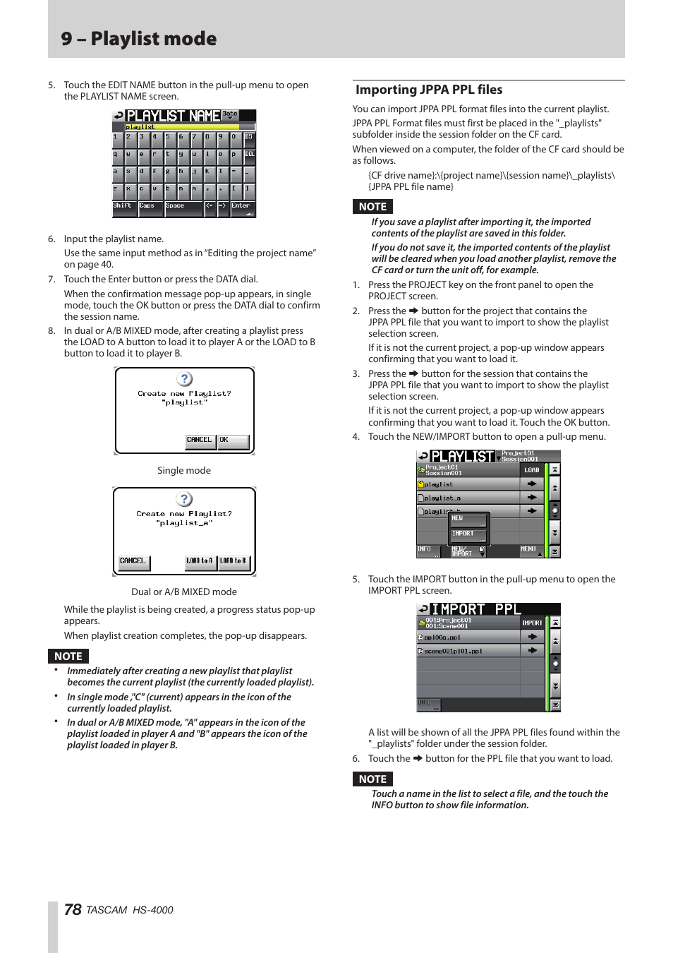 Importing jppa ppl files, 9 – playlist mode | Teac HS-4000 User Manual | Page 78 / 152