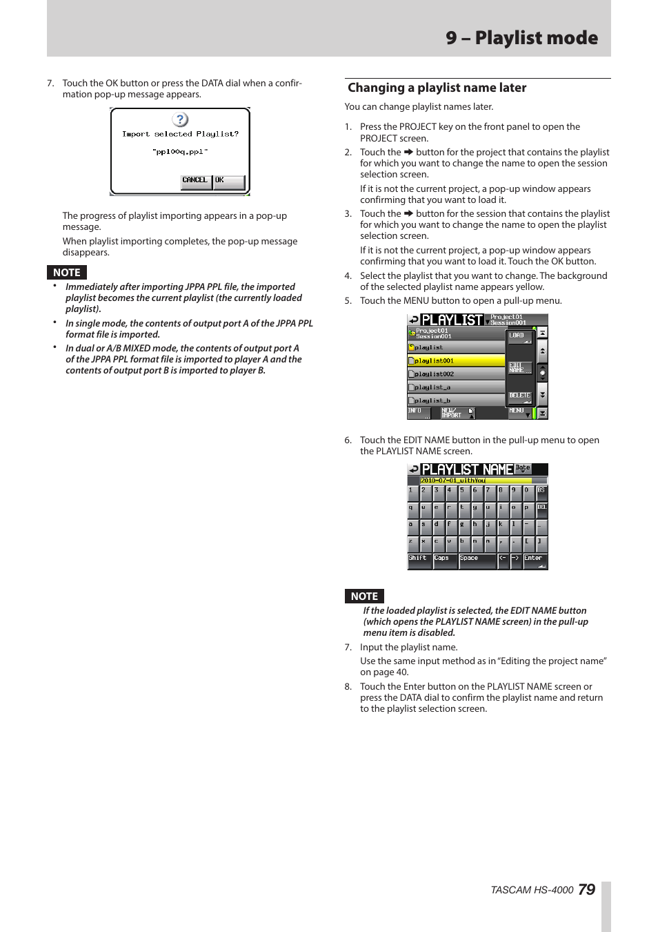 Changing a playlist name later, 9 – playlist mode | Teac HS-4000 User Manual | Page 79 / 152