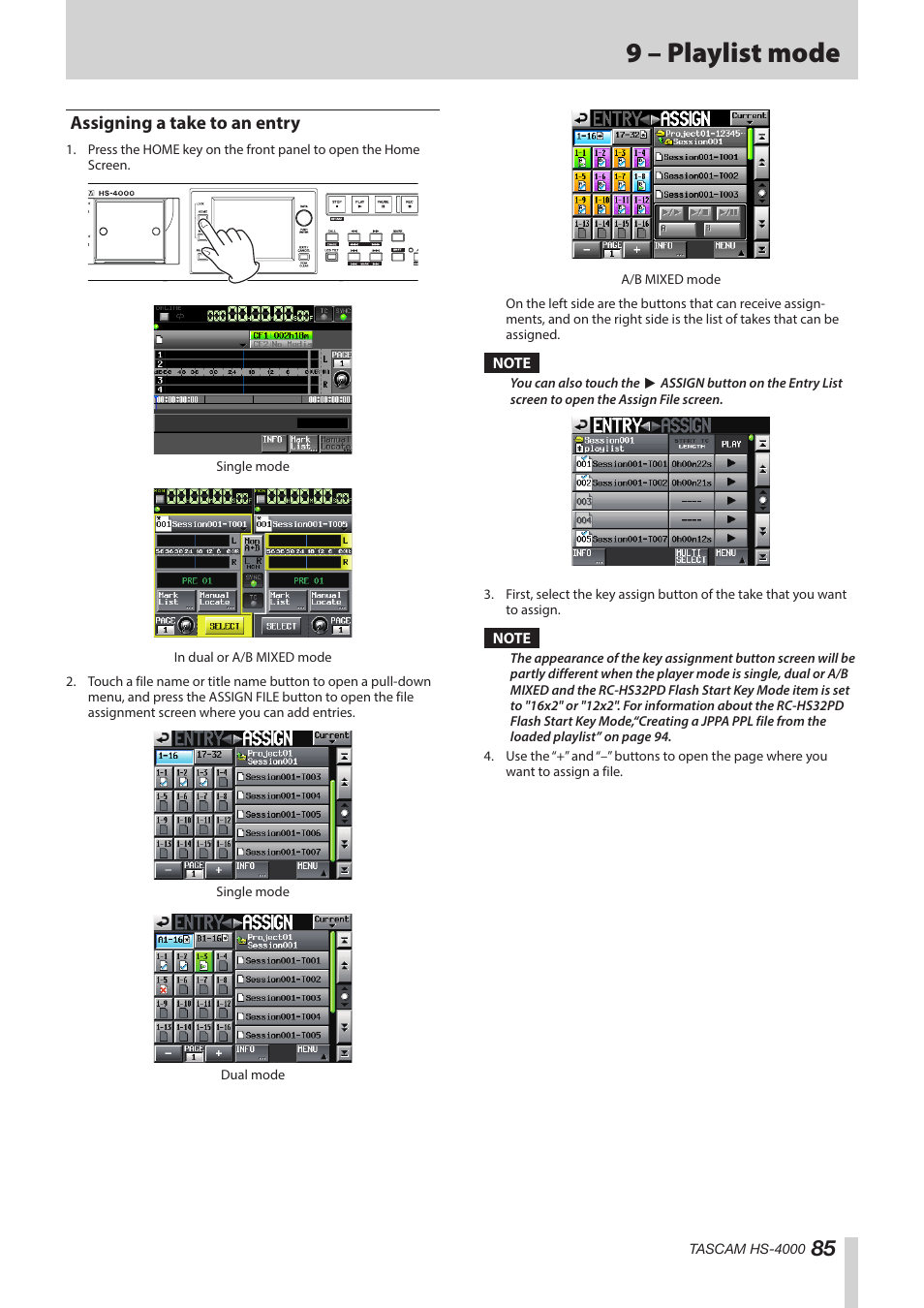 Assigning a take to an entry, 9 – playlist mode | Teac HS-4000 User Manual | Page 85 / 152
