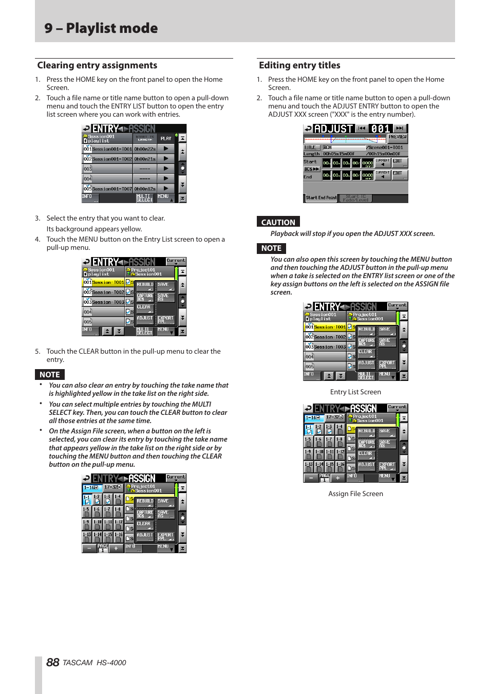 Clearing entry assignments, Editing entry titles, Clearing entry assignments editing entry titles | 9 – playlist mode | Teac HS-4000 User Manual | Page 88 / 152