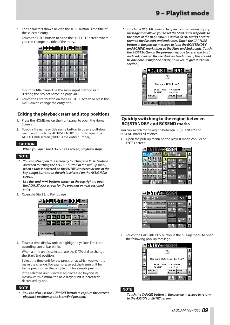 Editing the playback start and stop positions, Editing the playback start, Bc$standby and bc$end marks | 9 – playlist mode | Teac HS-4000 User Manual | Page 89 / 152