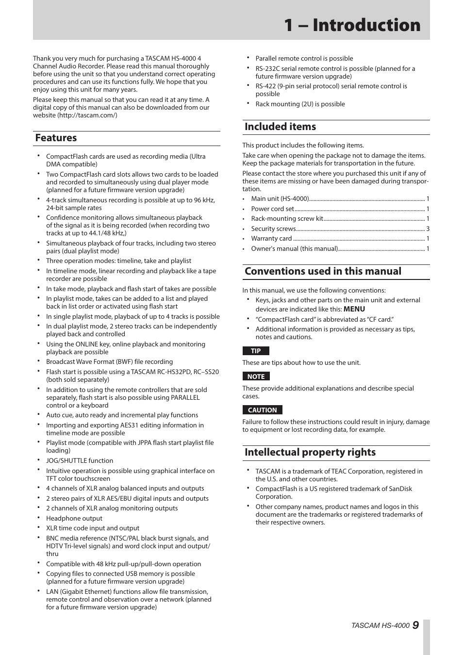 1 − introduction, Features, Included items | Conventions used in this manual, Intellectual property rights | Teac HS-4000 User Manual | Page 9 / 152