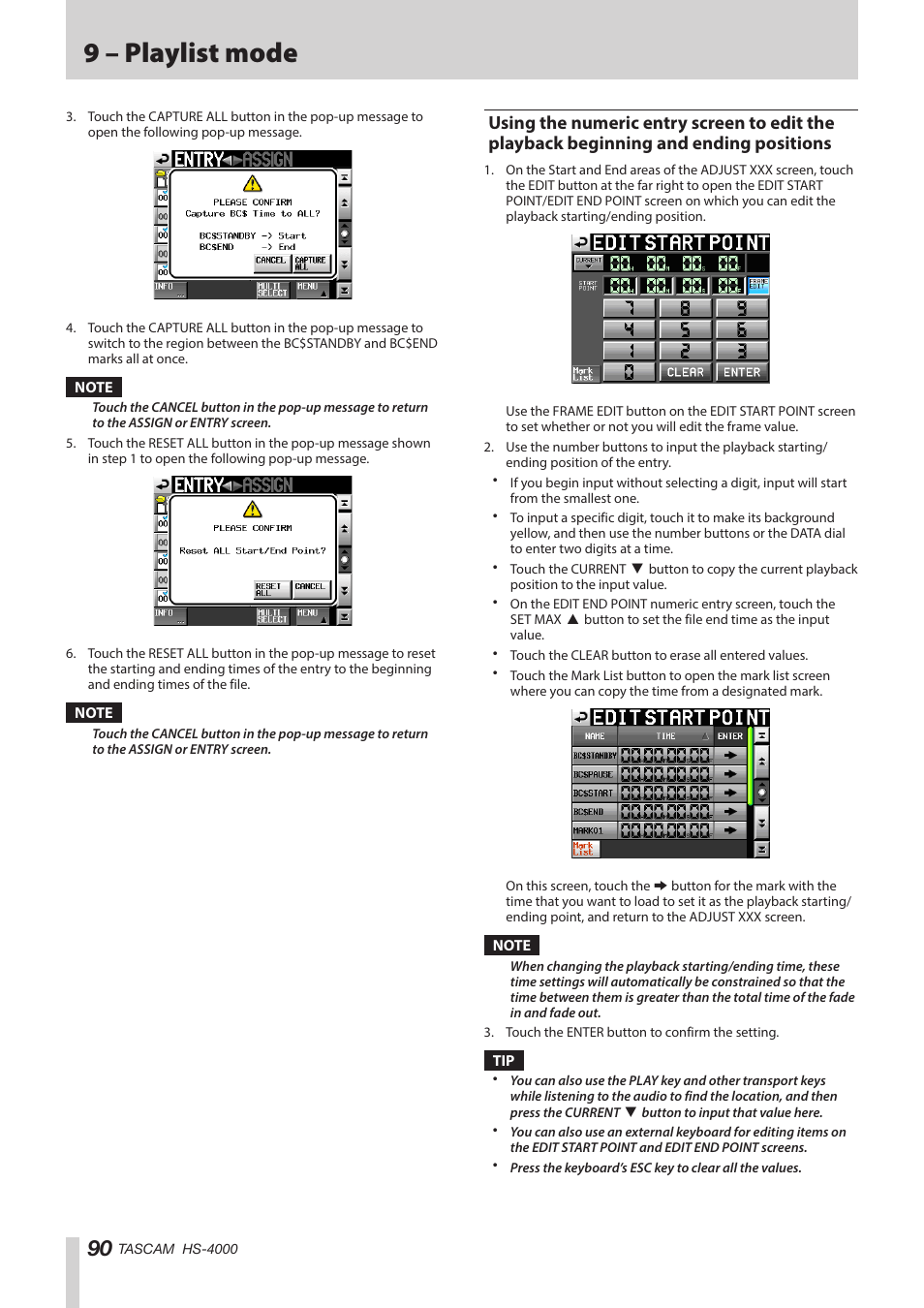 Using the numeric entry screen to edit the, Playback beginning and ending positions, See “using the numeric entry screen to edit the | 9 – playlist mode | Teac HS-4000 User Manual | Page 90 / 152