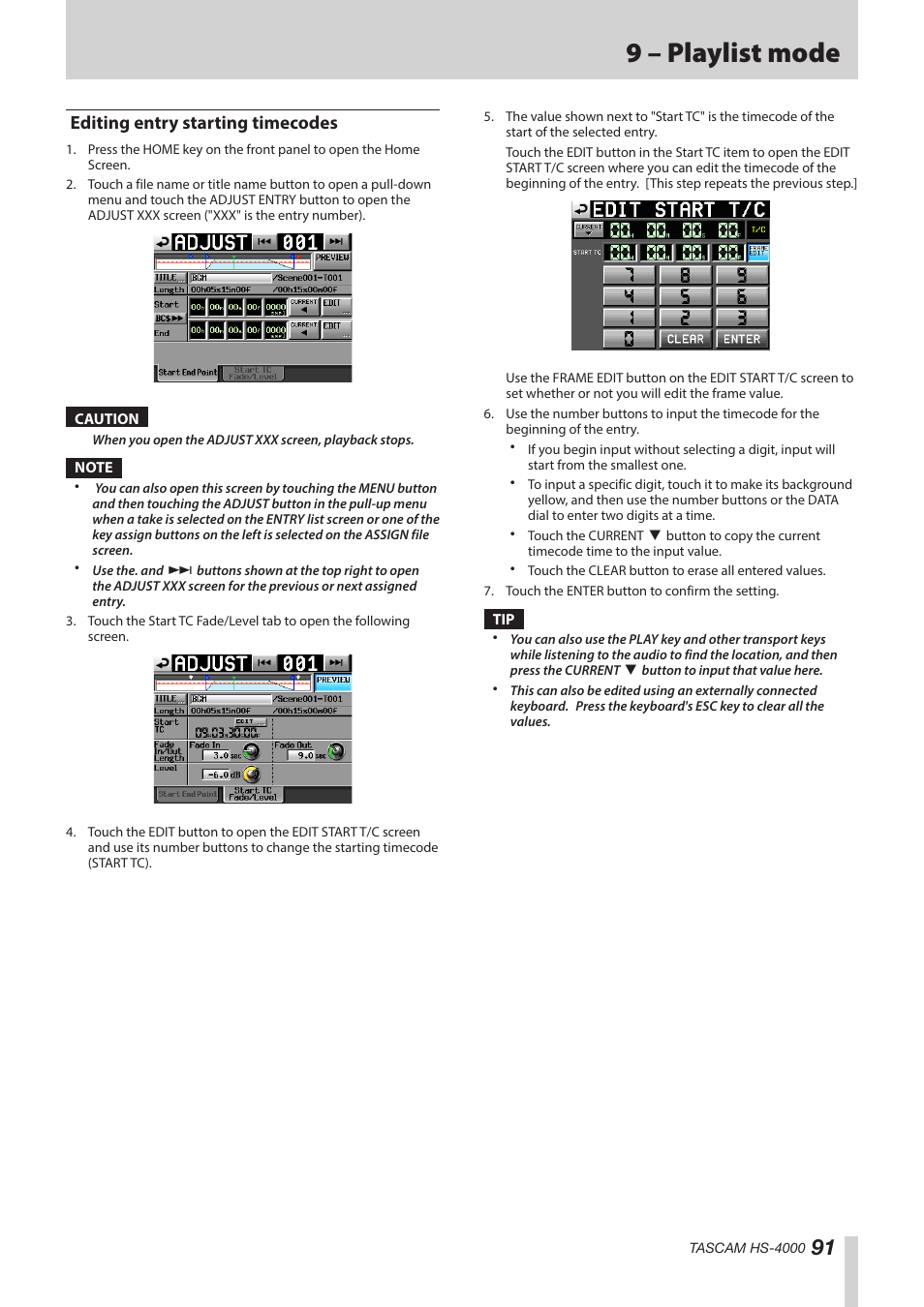 Editing entry starting timecodes, 9 – playlist mode | Teac HS-4000 User Manual | Page 91 / 152