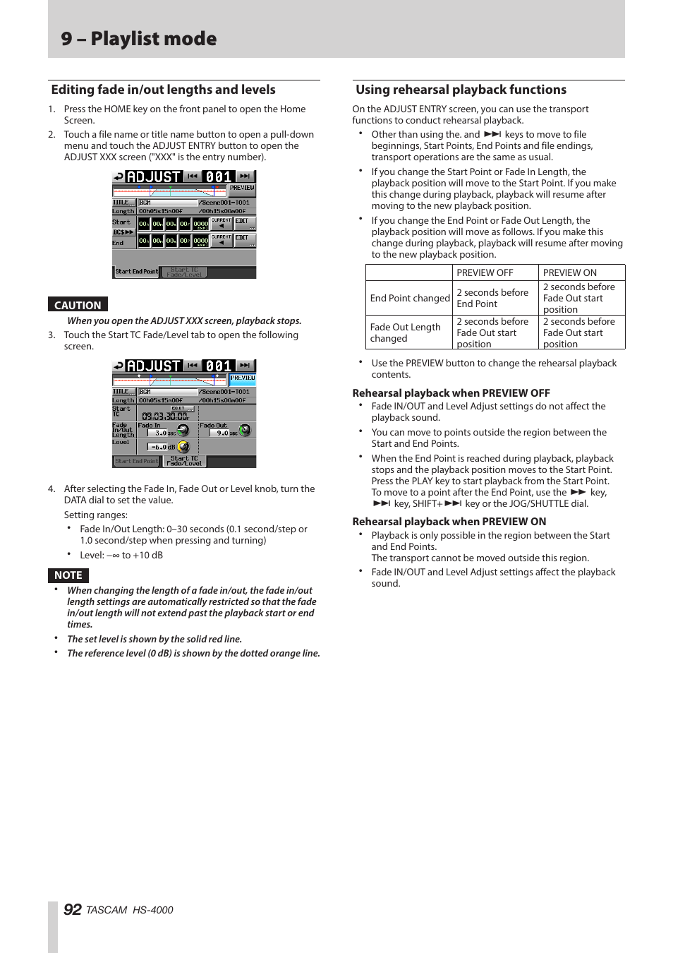 Editing fade in/out lengths and levels, Using rehearsal playback functions, 9 – playlist mode | Teac HS-4000 User Manual | Page 92 / 152