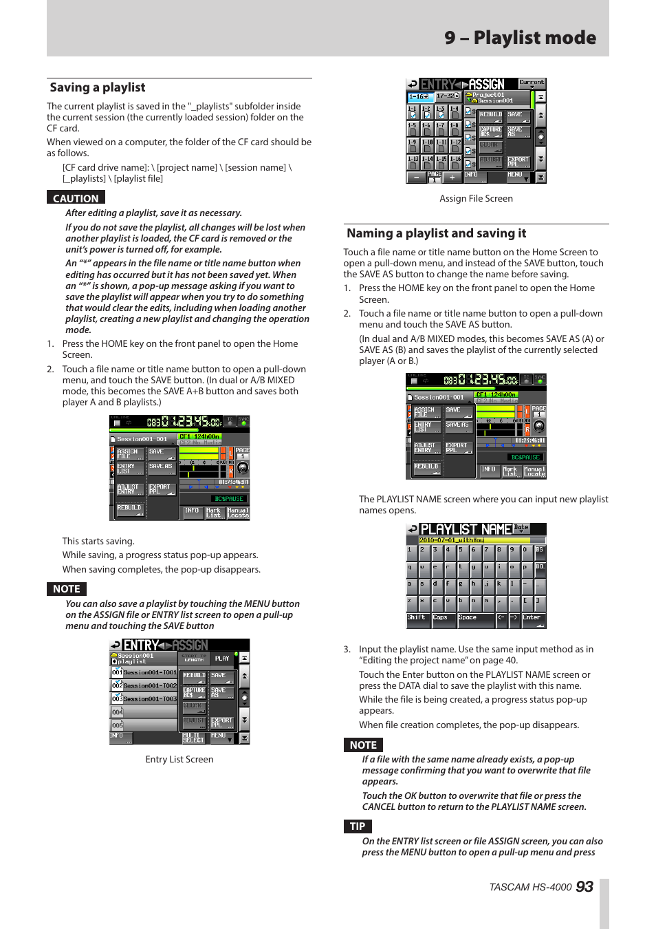 Saving a playlist, Naming a playlist and saving it, Saving a playlist naming a playlist and saving it | See “saving a playlist” on, 9 – playlist mode | Teac HS-4000 User Manual | Page 93 / 152