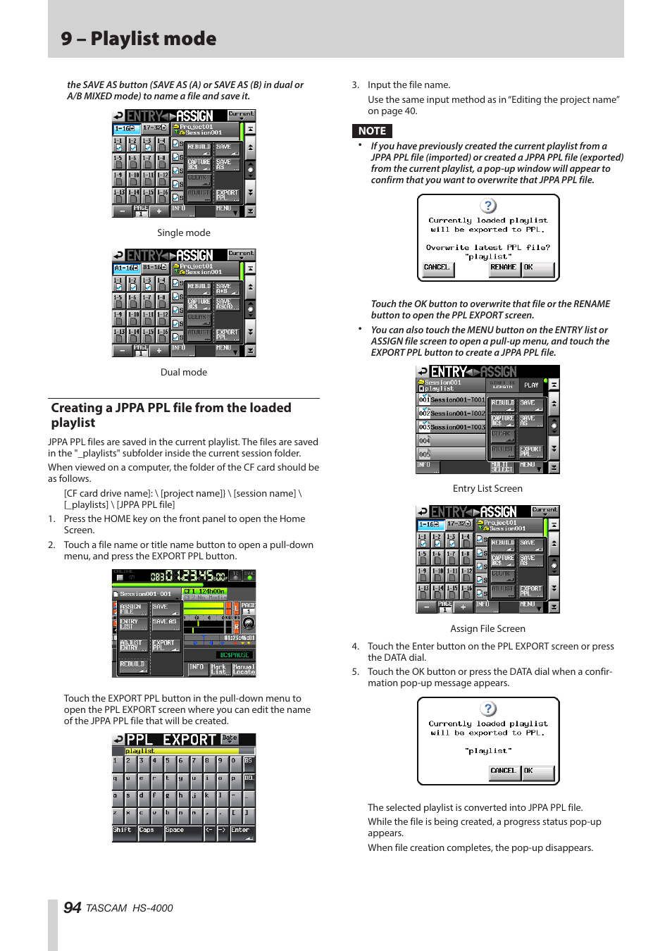 Creating a jppa ppl file from the loaded playlist, Creating a jppa ppl file from the loaded, Playlist | See “creating a jppa ppl, See “creating a, 9 – playlist mode | Teac HS-4000 User Manual | Page 94 / 152