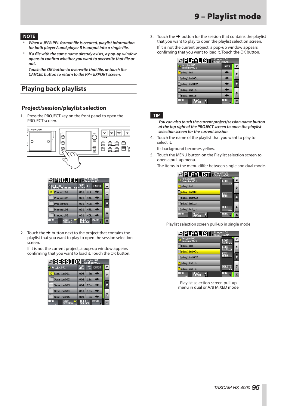 Playing back playlists, Project/session/playlist selection, 9 – playlist mode | Teac HS-4000 User Manual | Page 95 / 152