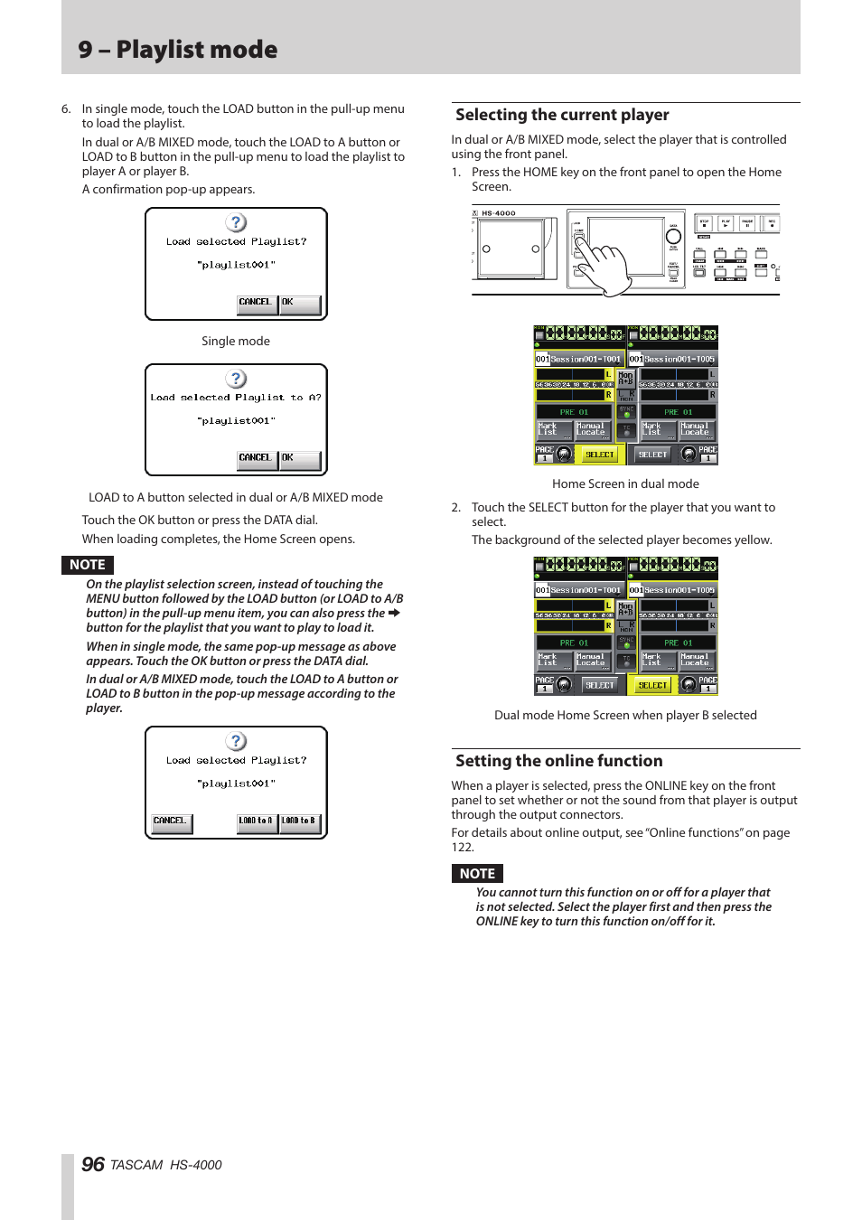 Selecting the current player, Setting the online function, 9 – playlist mode | Teac HS-4000 User Manual | Page 96 / 152