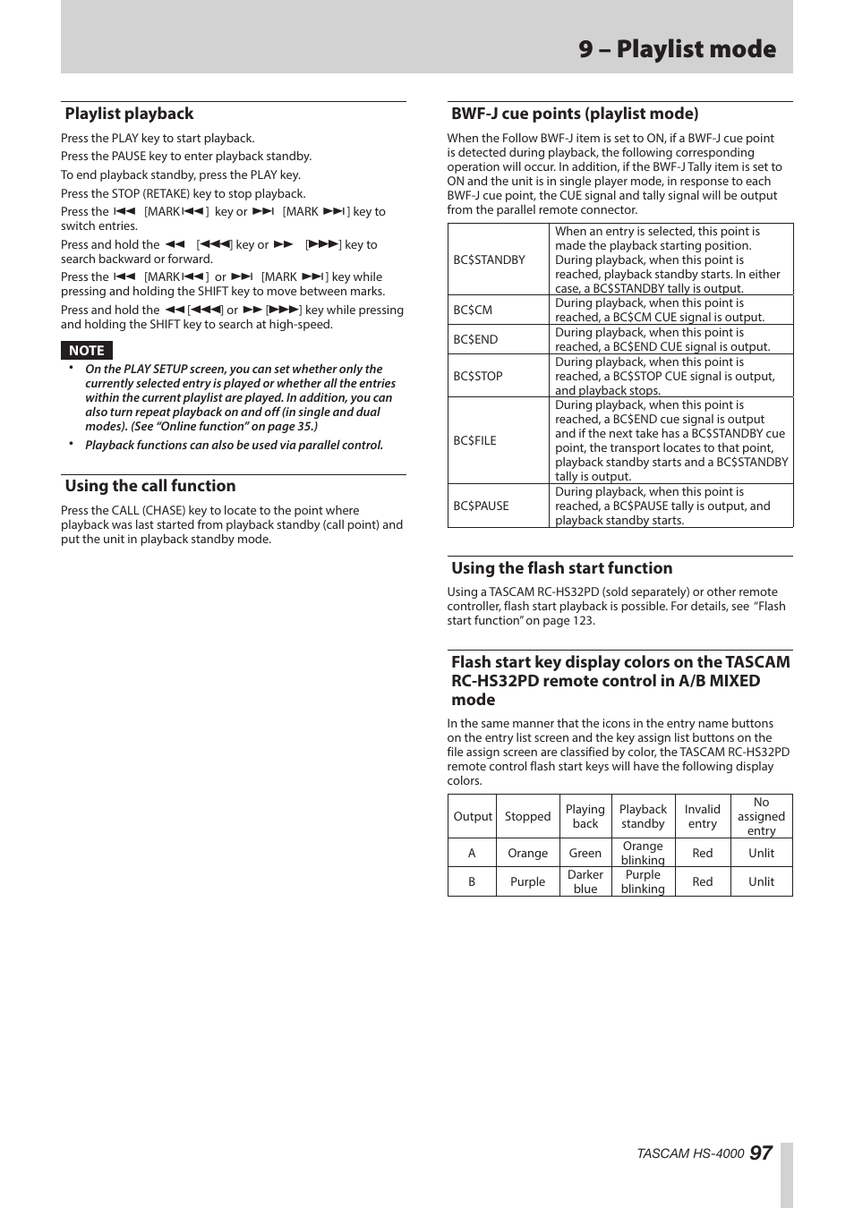 Playlist playback, Using the call function, Bwf-j cue points (playlist mode) | Using the flash start function, Rc-hs32pd remote control in a/b mixed, Mode, 9 – playlist mode | Teac HS-4000 User Manual | Page 97 / 152