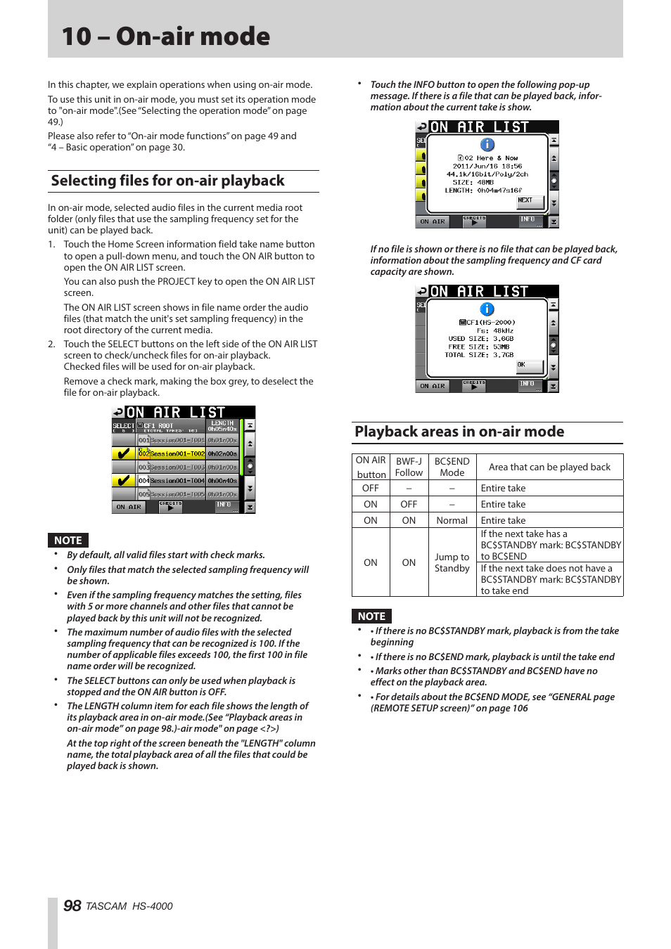 10 – on-air mode, Selecting files for on-air playback, Playback areas in on-air mode | See “selecting files for | Teac HS-4000 User Manual | Page 98 / 152