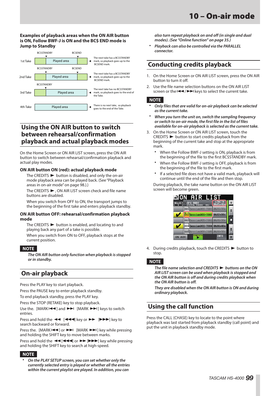 On-air playback, Conducting credits playback, Using the call function | Using the on air button to switch between, Rehearsal/confirmation playback and actual, See “using the on air, 10 – on-air mode | Teac HS-4000 User Manual | Page 99 / 152