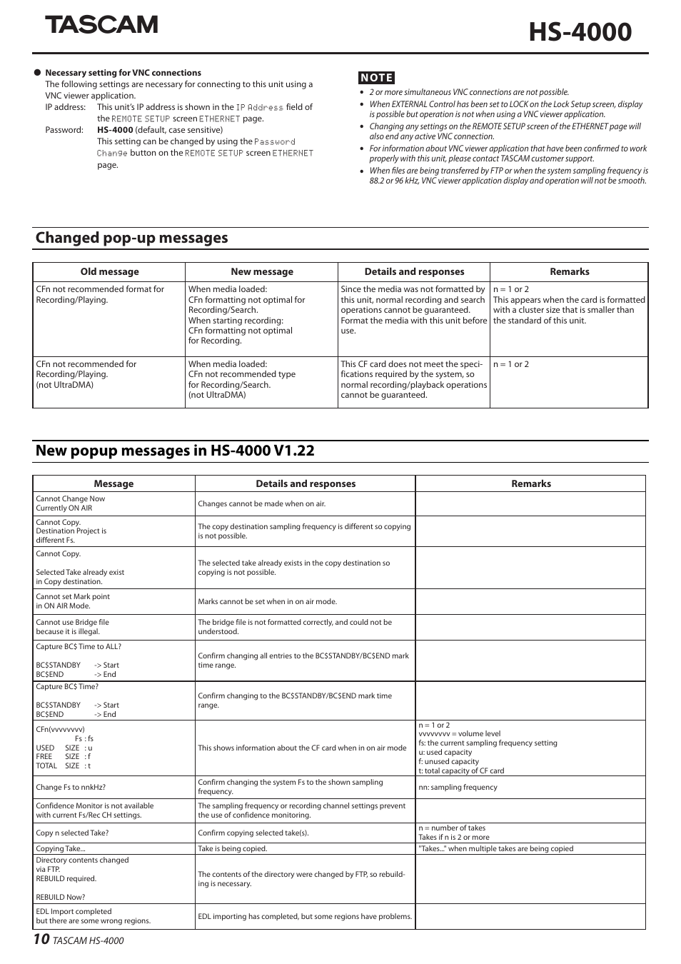 Hs-4000, Changed pop-up messages | Teac HS-4000 Addendum V1.22 User Manual | Page 10 / 12