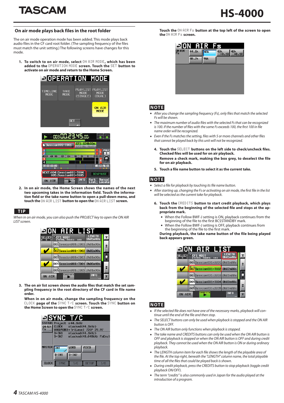 Hs-4000, On air mode plays back files in the root folder | Teac HS-4000 Addendum V1.22 User Manual | Page 4 / 12