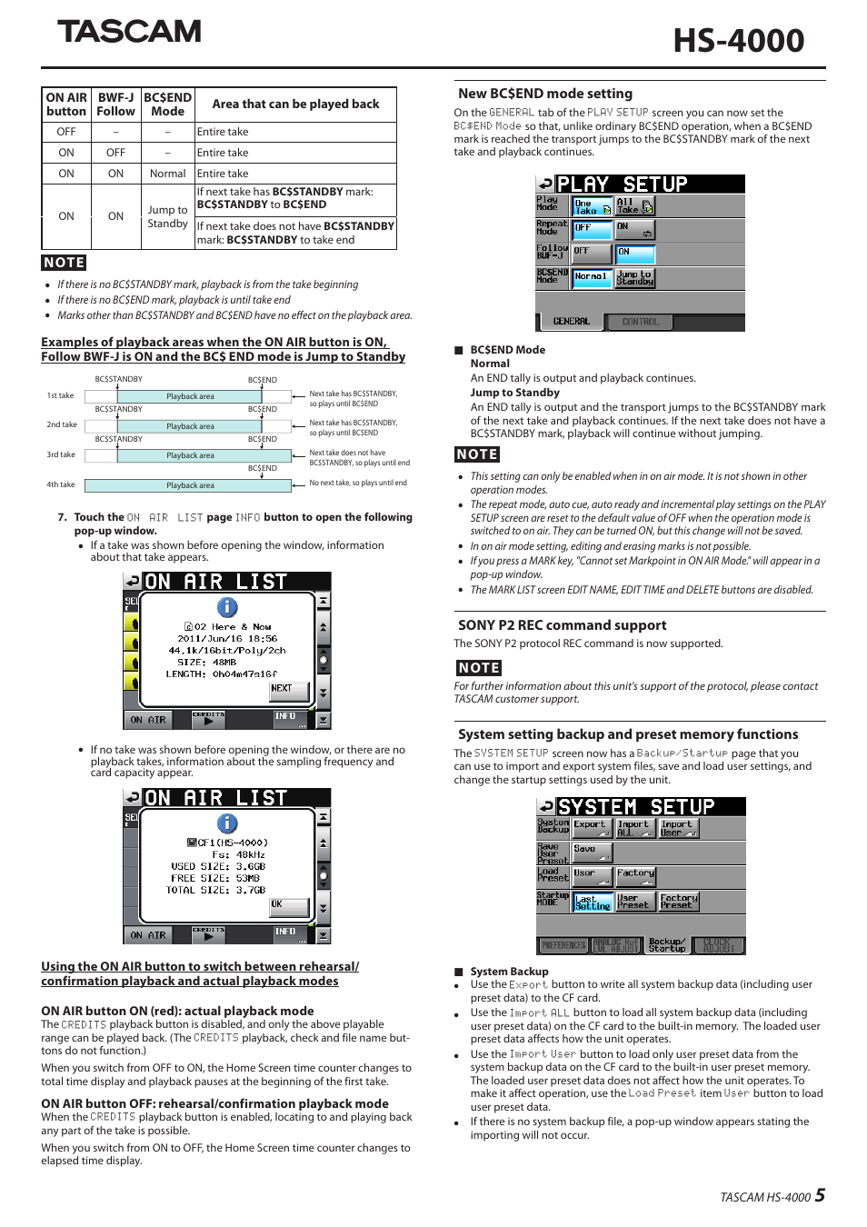 Hs-4000, New bc$end mode setting, Sony p2 rec command support | Teac HS-4000 Addendum V1.22 User Manual | Page 5 / 12