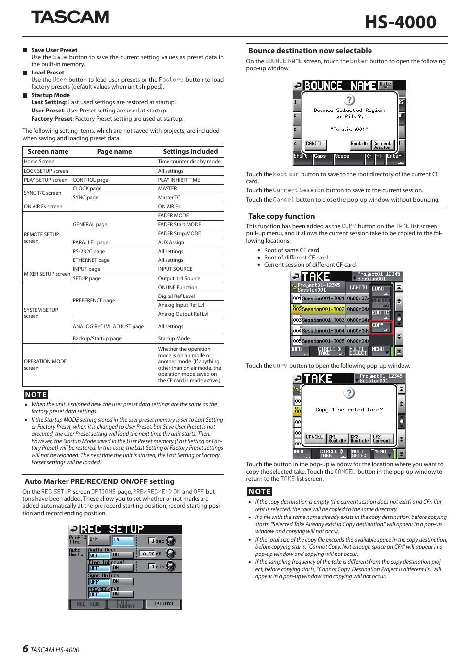 Hs-4000, Auto marker pre/rec/end on/off setting, Bounce destination now selectable | Take copy function | Teac HS-4000 Addendum V1.22 User Manual | Page 6 / 12