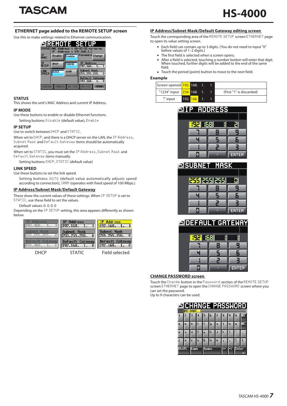 Hs-4000, Ethernet page added to the remote setup screen, Field selected dhcp static | Teac HS-4000 Addendum V1.22 User Manual | Page 7 / 12